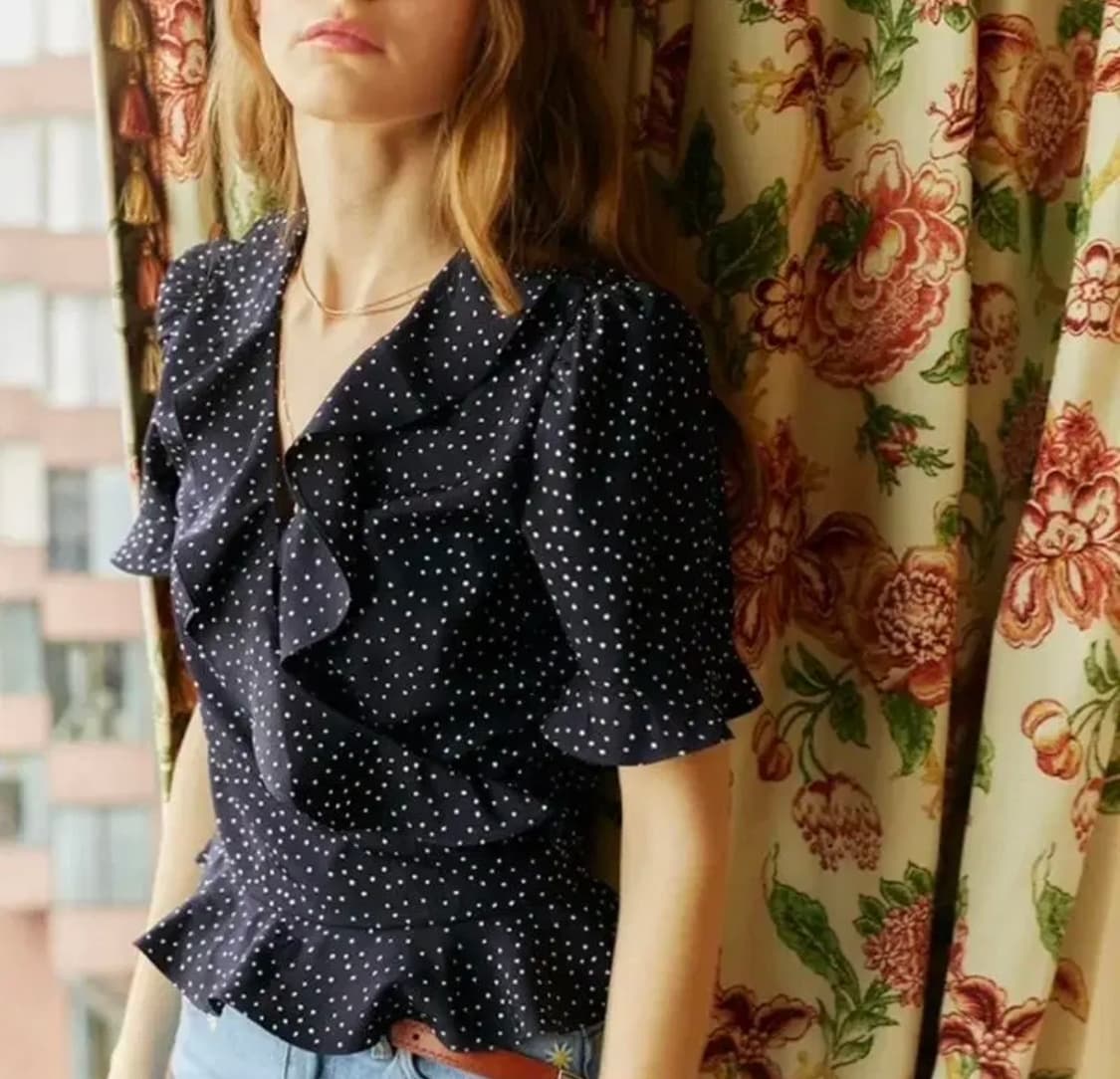 레이브 도트 프릴 랩 블라우스 네이비 미사용품 상품이미지3