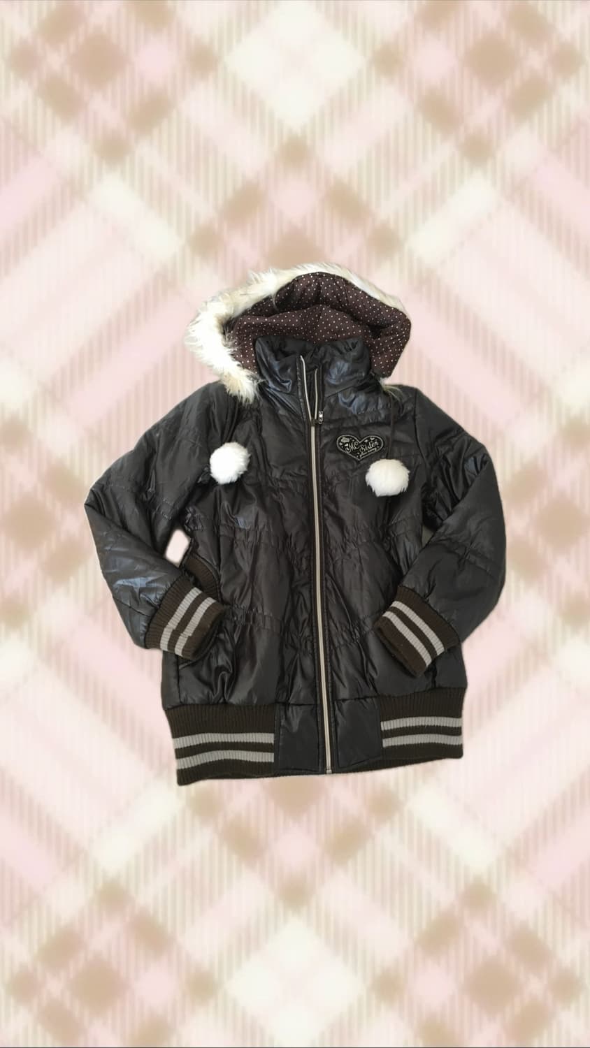 초코 브라운 땡땡이 폼폼이 퍼 패딩 라떼 히메 갸루 러블리 로걀 빈티지 상품이미지1