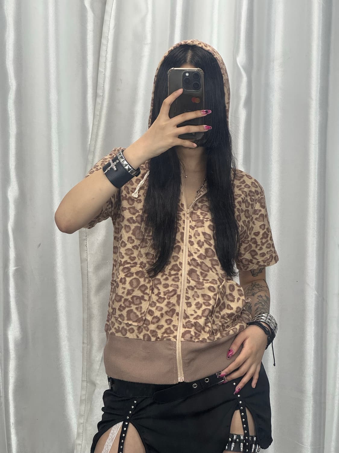 leopard hood short-sleeved zip-up 상품이미지2