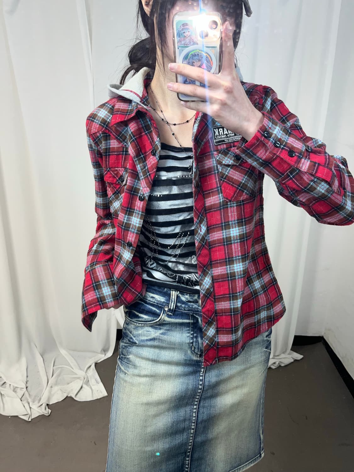 kissmark 00‘s 펑크 체크 후드 셔츠 상품이미지3