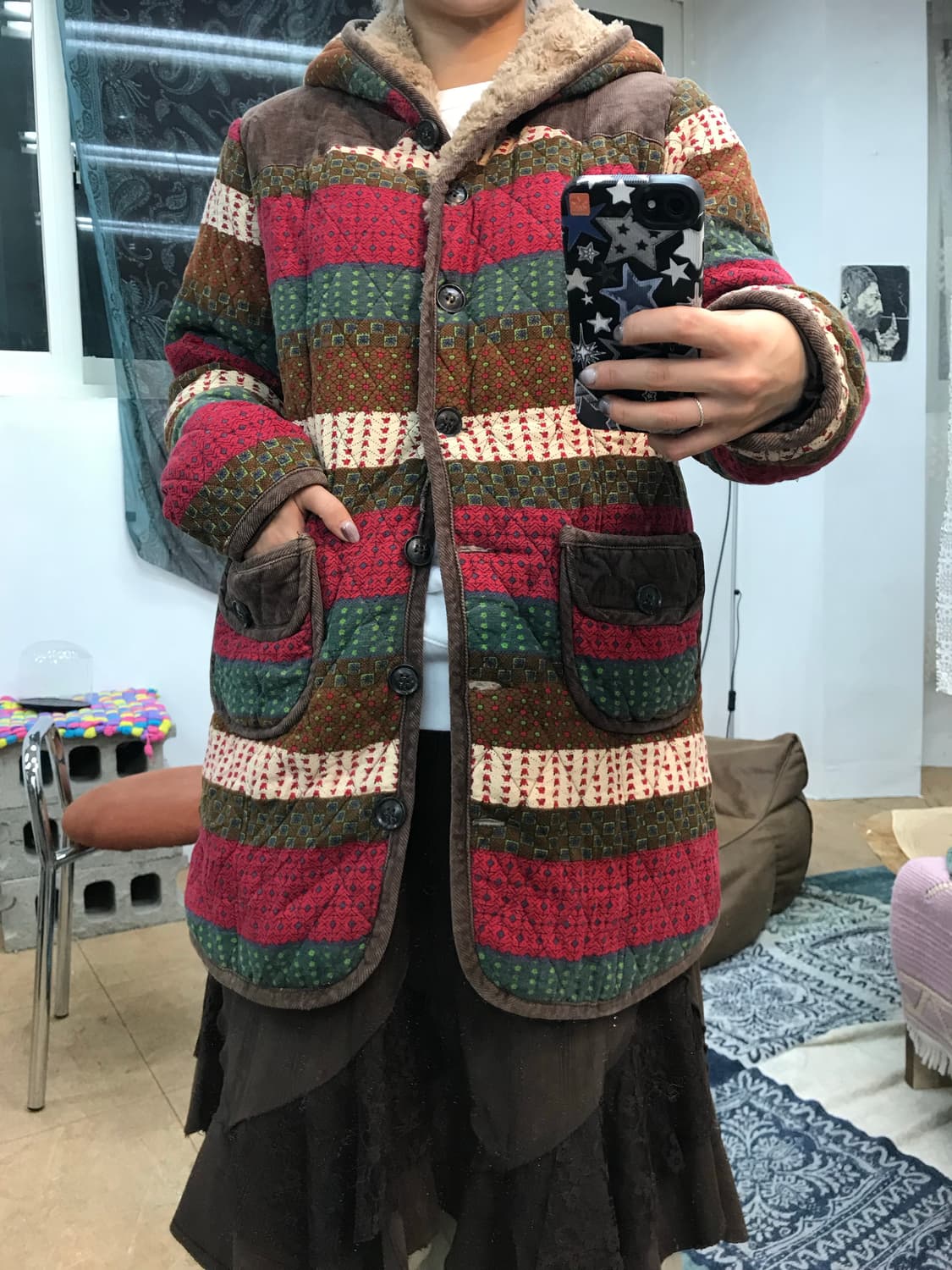 빈티지 패턴 양털 기모 엘보패치 롱 점퍼  상품이미지1