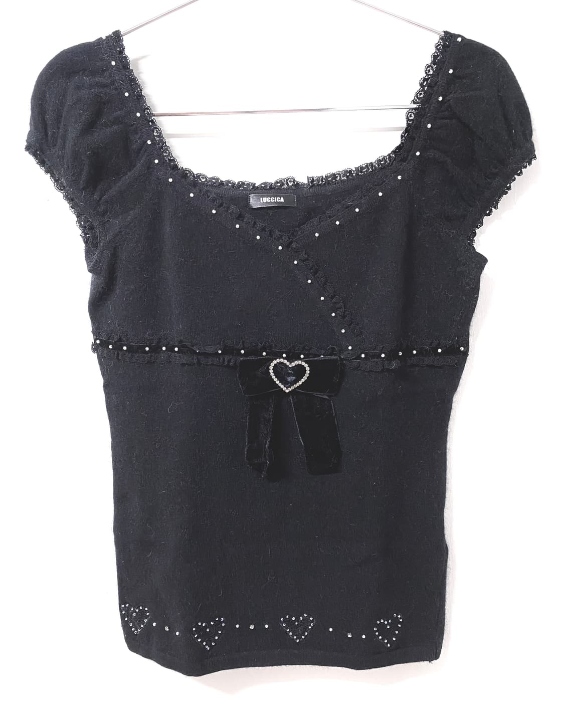 일브 블랙 큐빅 하트 벨벳 리본 로걀탑 상품이미지1