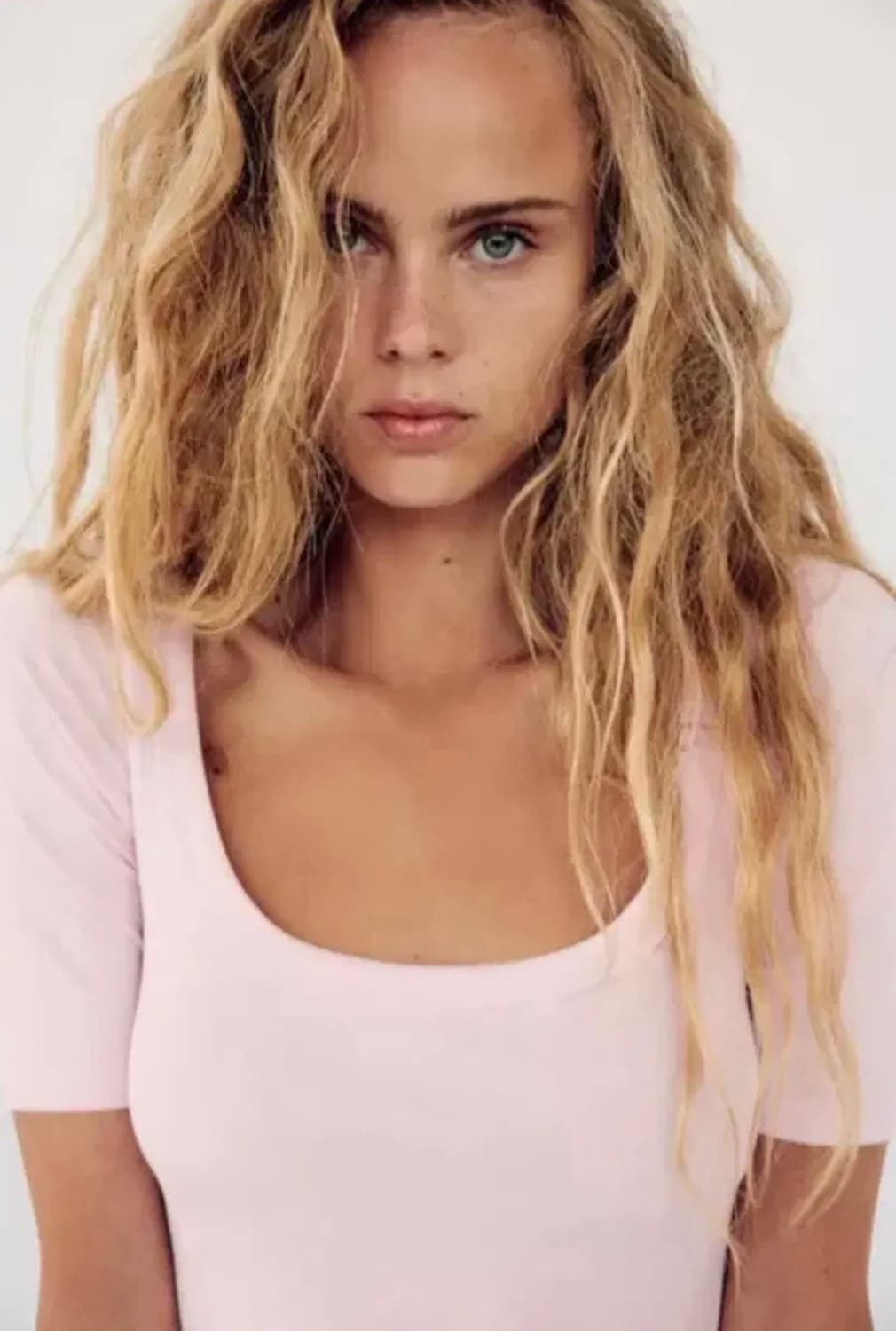 ZARA 자라 와이드 라운드 넥 티셔츠, 자라 스쿱넥 티셔츠 핑크 상품이미지2