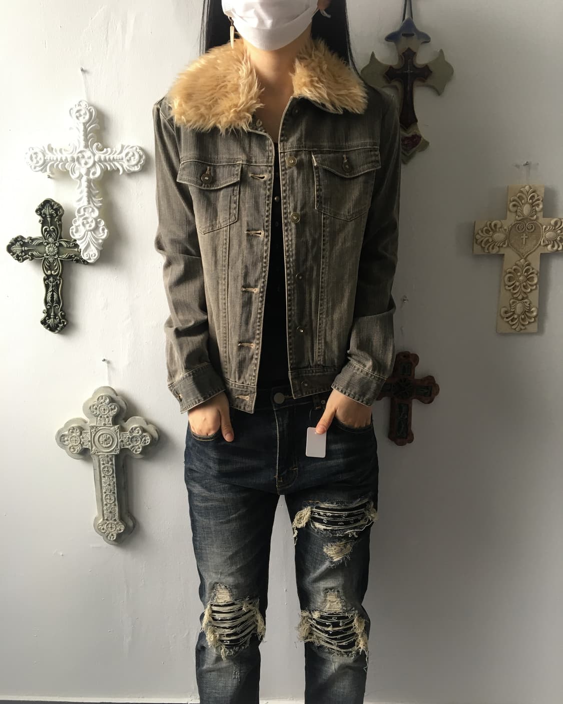 Fake fur trimming trucker jacket 상품이미지1