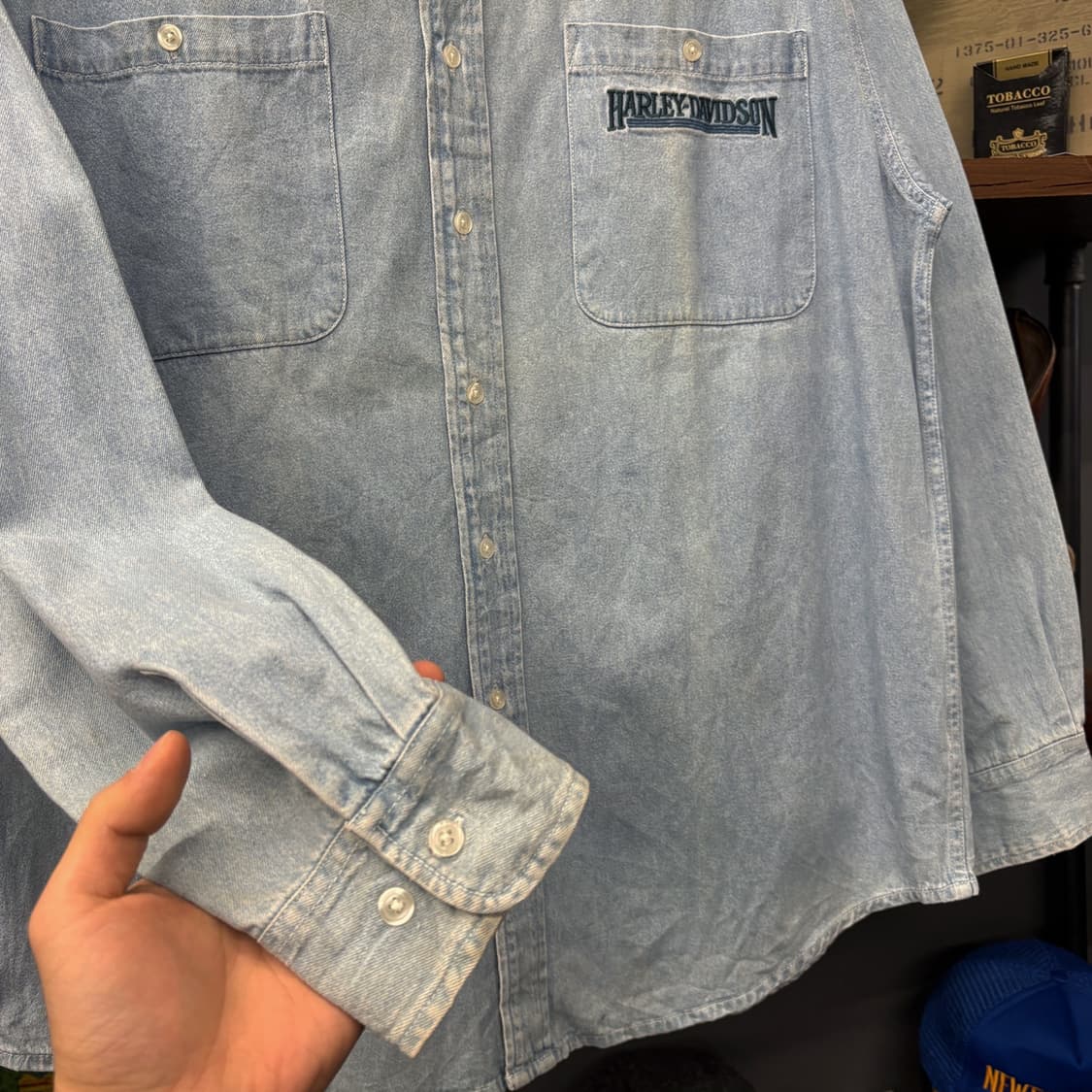 00s 할리데이비슨 클래식 레터링 패치 라이트워시 워크 데님셔츠 N282 상품이미지4