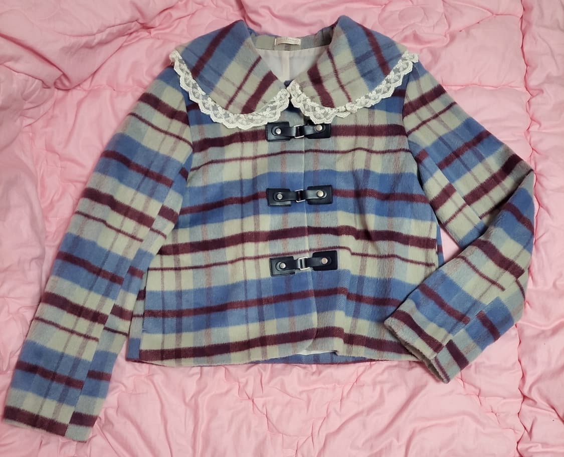 급처상태좋음!액시즈팜 세일러카라 레이스 체크 더플 코트 자켓 리즈리사st 상품이미지2