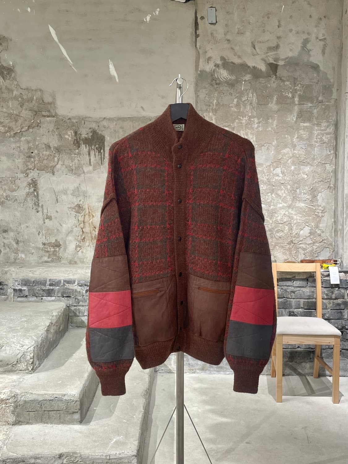 빈티지 레드 클레이 레더 패치 체크 울 자켓 상품이미지1