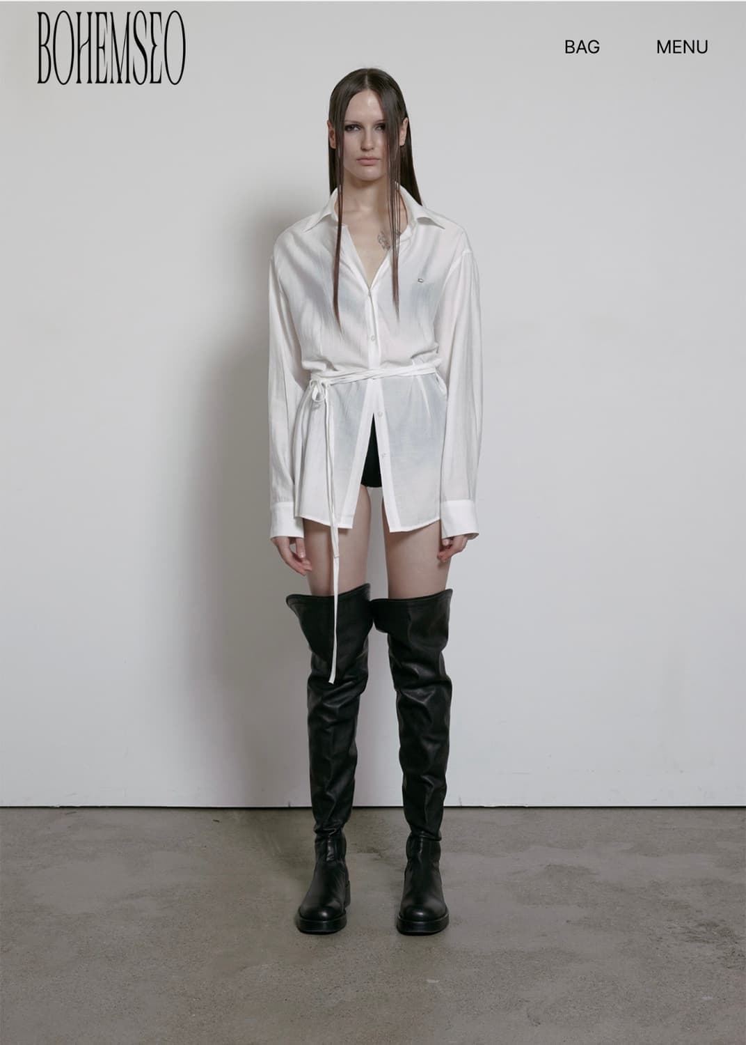 보헤미안서울 웨이스트 스트랩 루즈핏 셔츠 (화이트) 상품이미지1