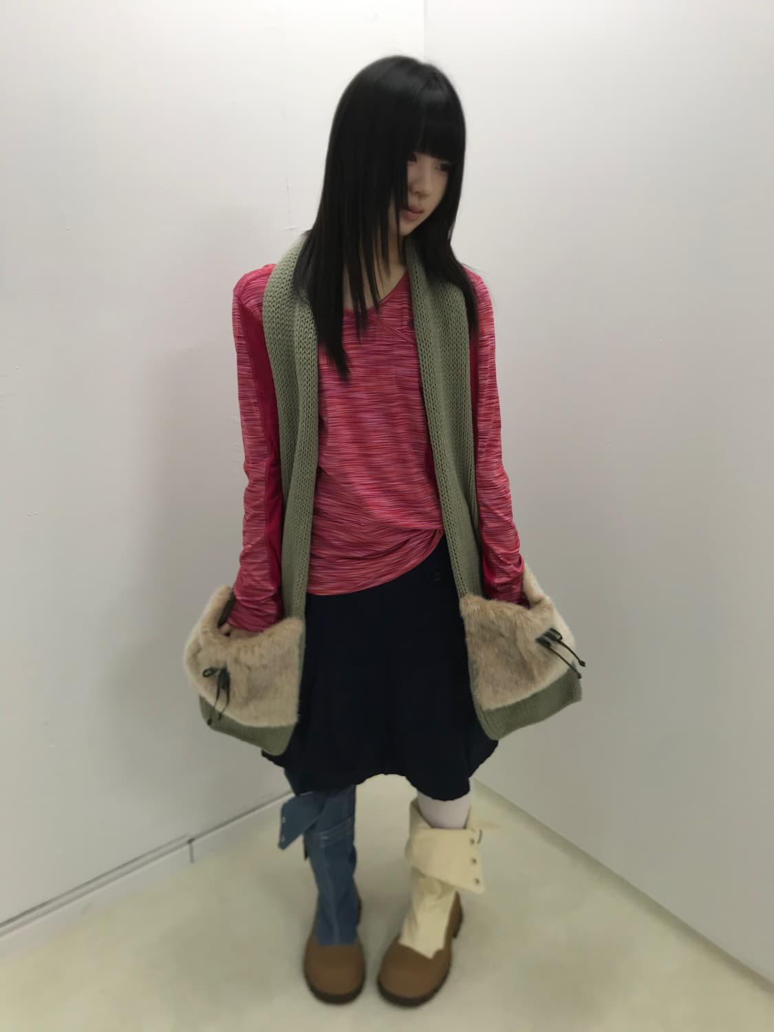 Olive knit hand-glove fur pocket muffler 상품이미지6