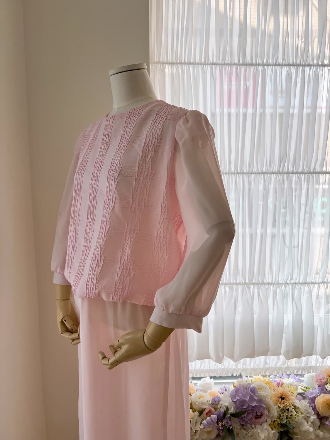 연핑크 셔링 시스루 폴리 원피스 상품이미지5