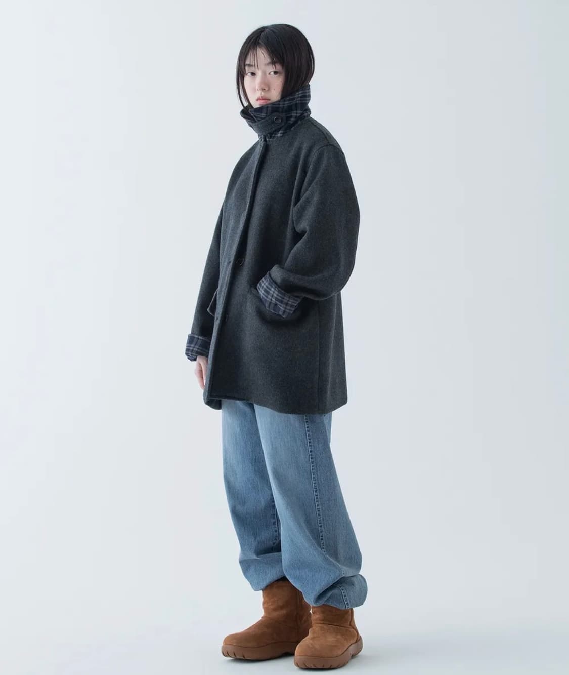 오헤시오 체크 코트 CHECK HALF WOOL COAT 차콜 상품이미지3