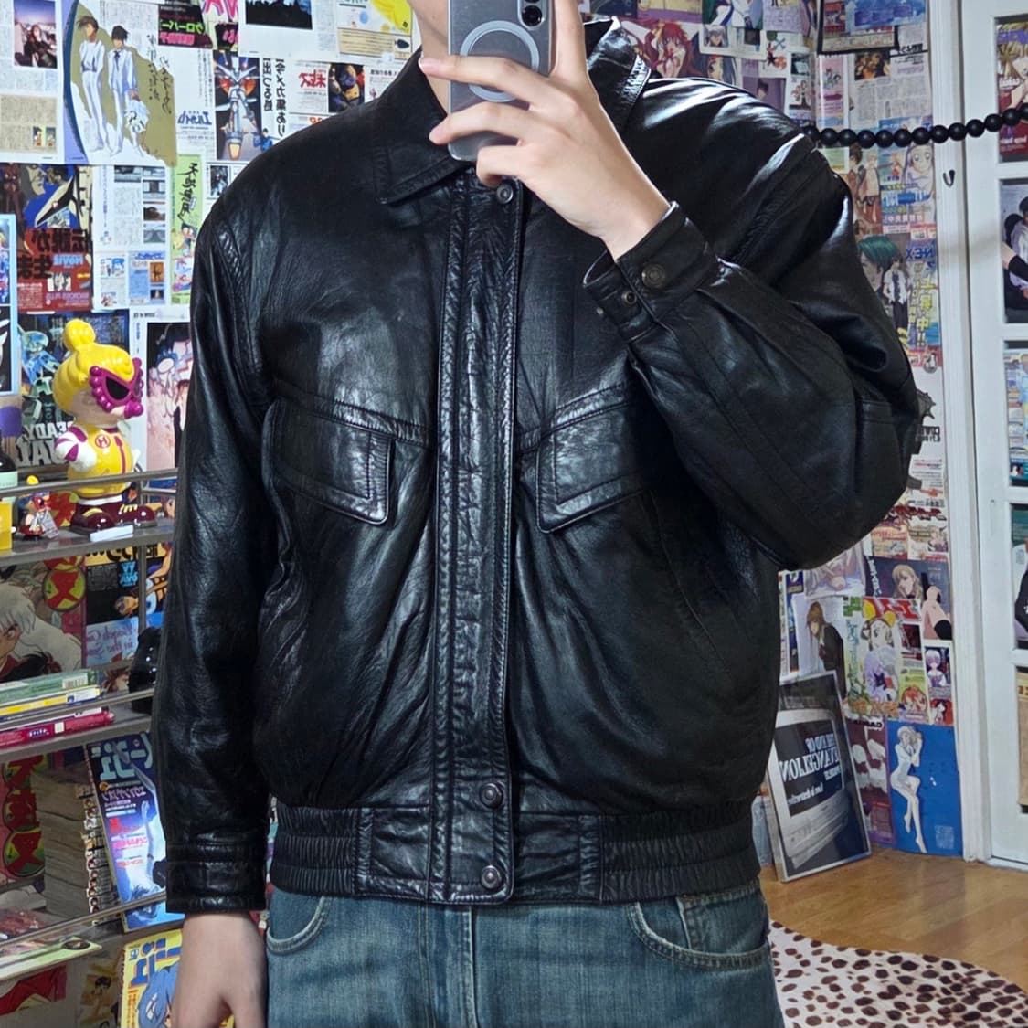 빈티지 빅포켓 누빔 양가죽 블랙 봄버 자켓  상품이미지1