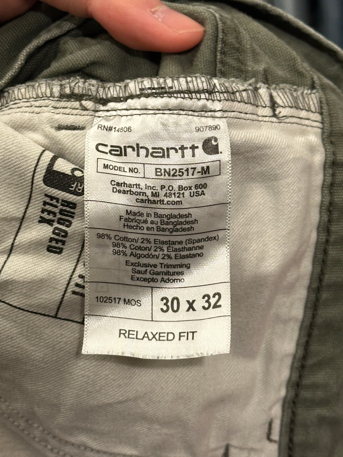 칼하트 릴렉스핏 워크팬츠 올리브 30x32 상품이미지5