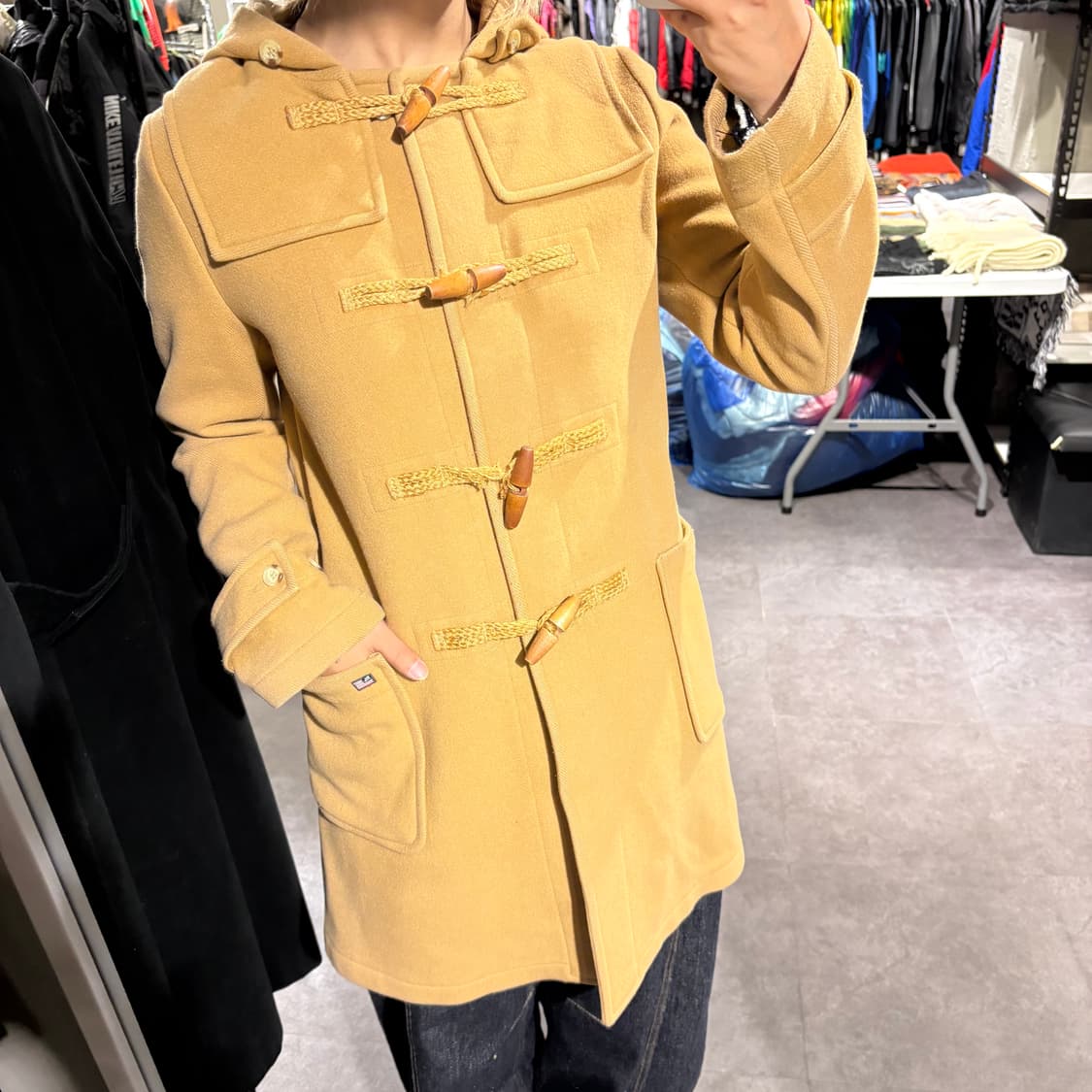 폴로 진스 베이지 빅포켓 후드 미니 로고패치 울블렌드 떡볶이코트 롱 코트 상품이미지1