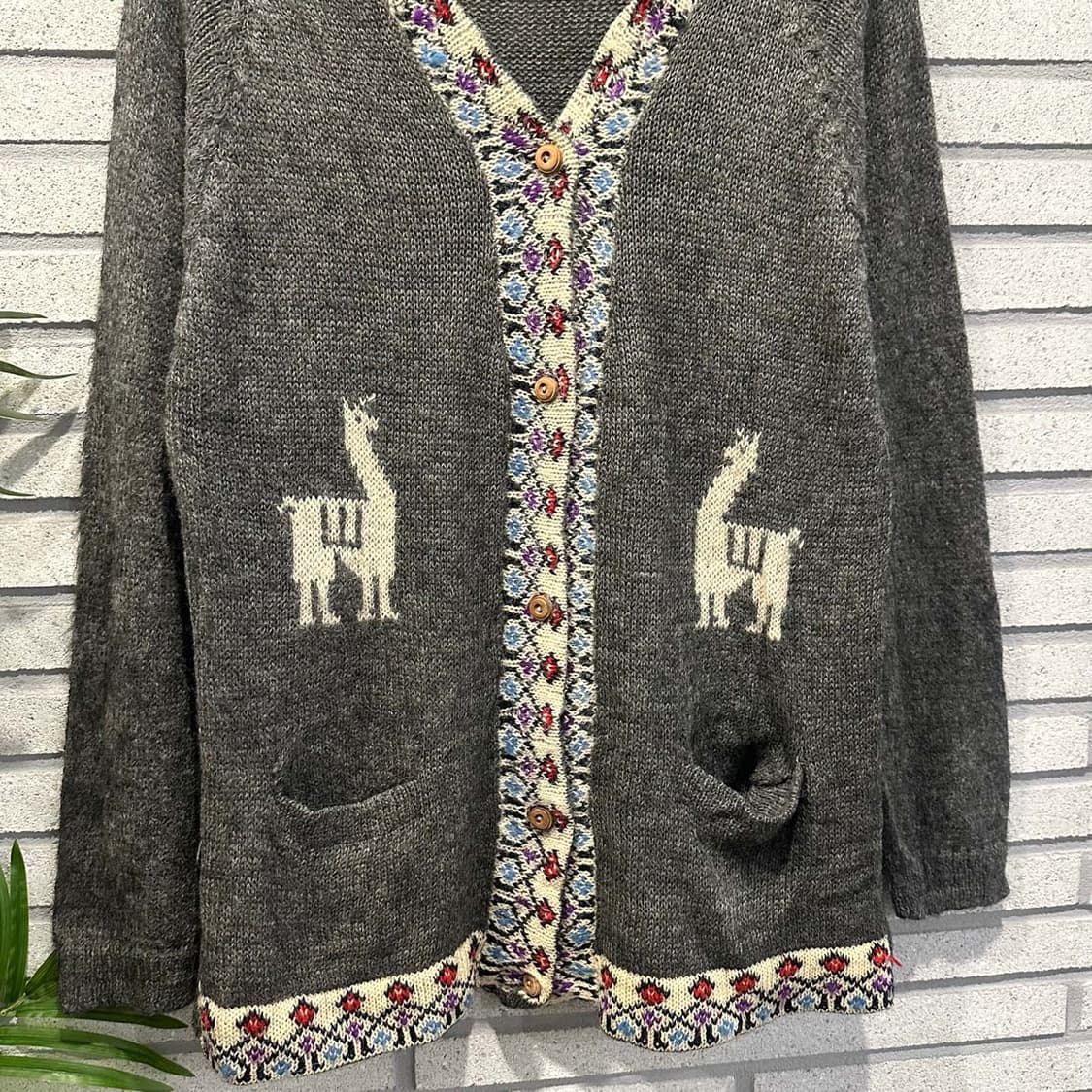 JPN VINTAGE 니트 가디건 플로럴 자카드 라마 패턴 디테일 그레이 상품이미지4