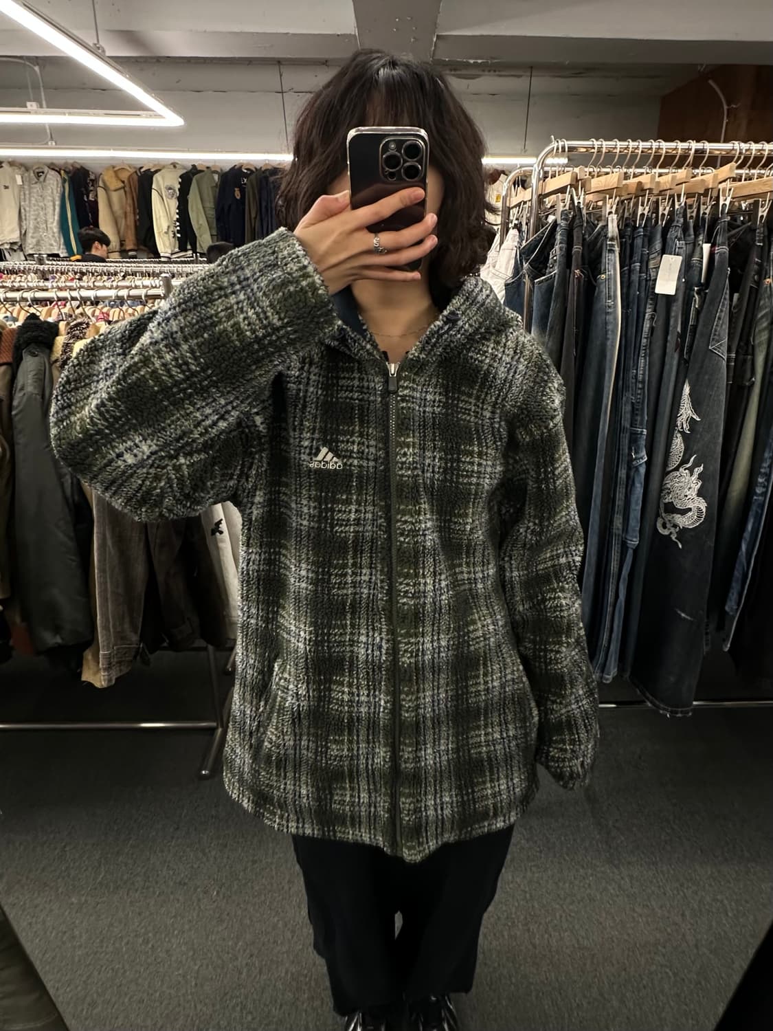 105)90’s 아디다스 빈티지 셰르파 체크 후드 자켓 상품이미지1