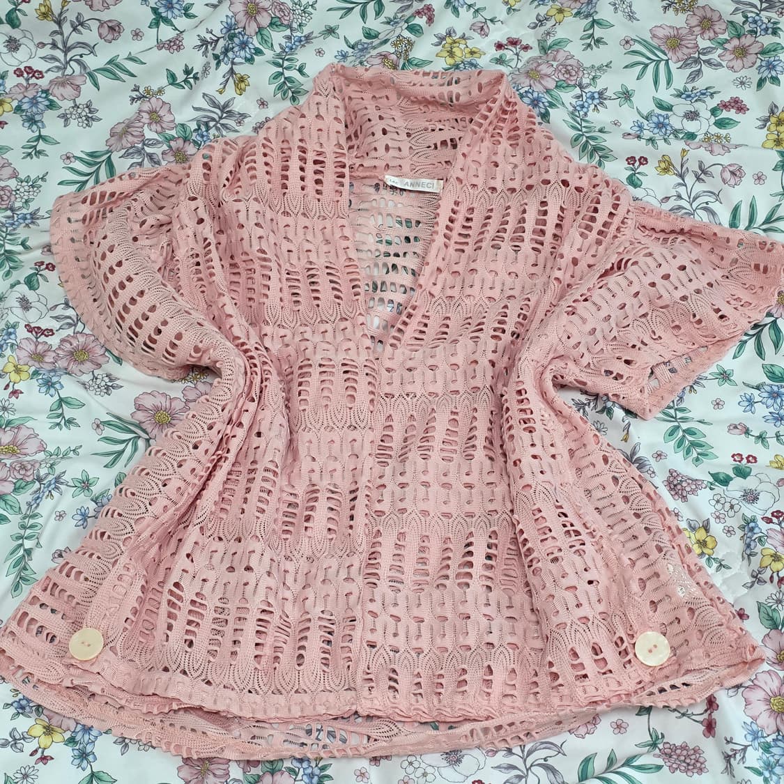 일본빈티지)핑크 레이어드 여름히메갸루 모리걸 펀칭 그물니트 반팔슬리브 상품이미지1