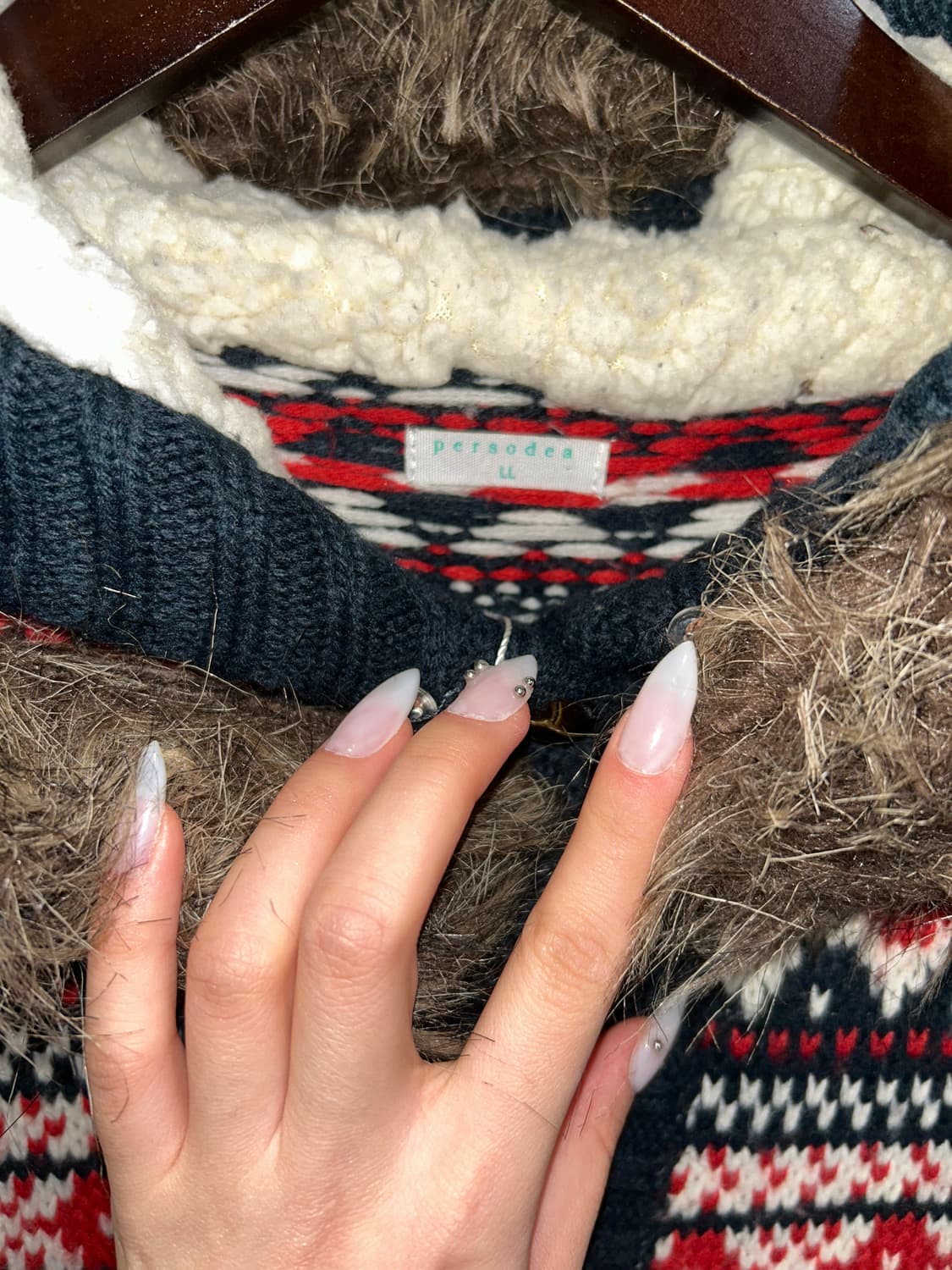 노르딕 패턴 퍼 후드 니트 가디건 상품이미지2