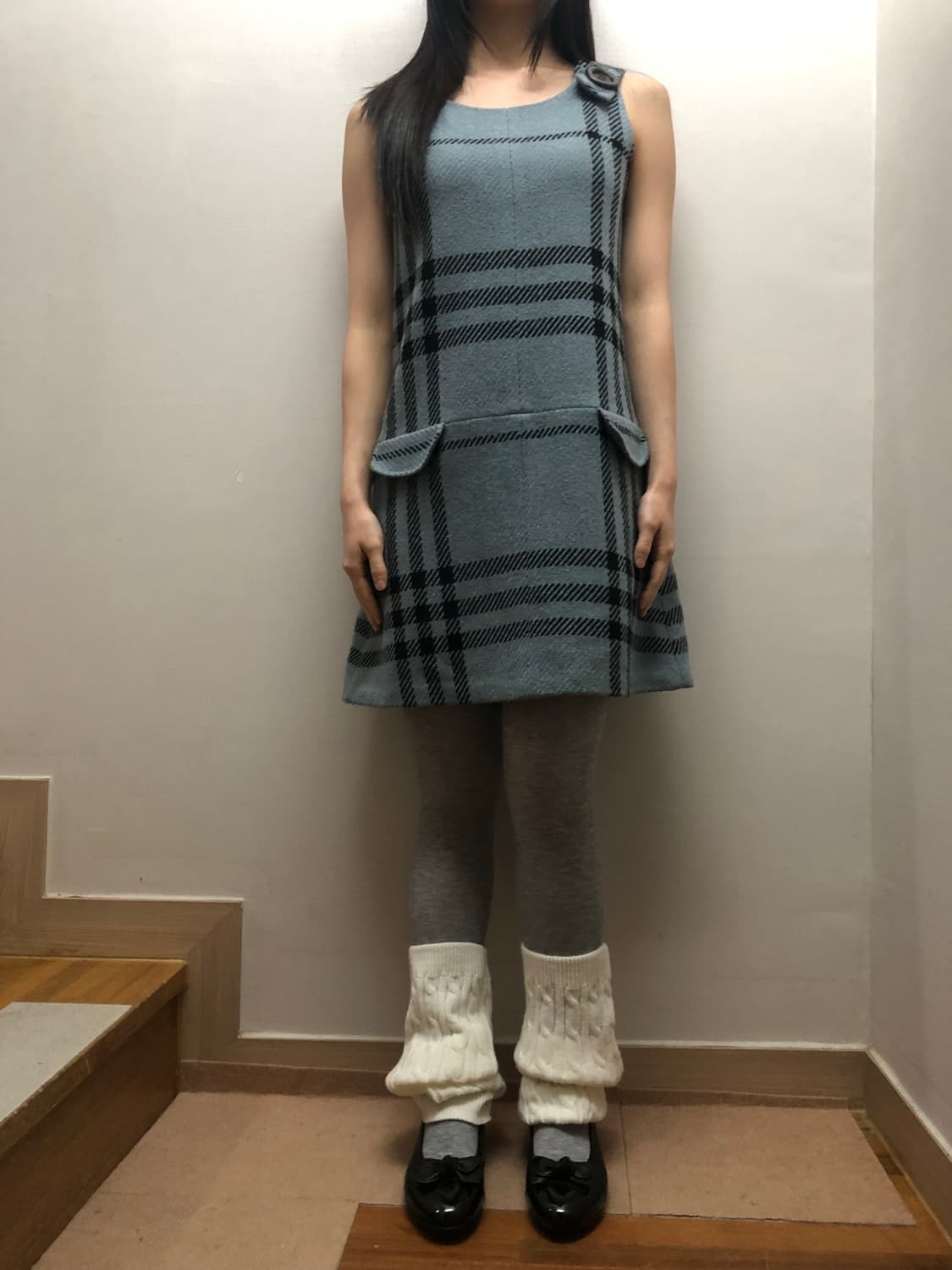 빈티지 블루 체크 포켓 울 원피스 상품이미지5