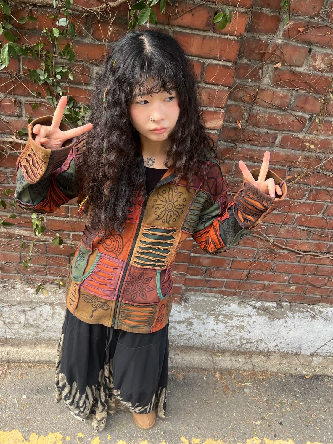 히피 에스닉 패치워크 후드 집업 상품이미지1