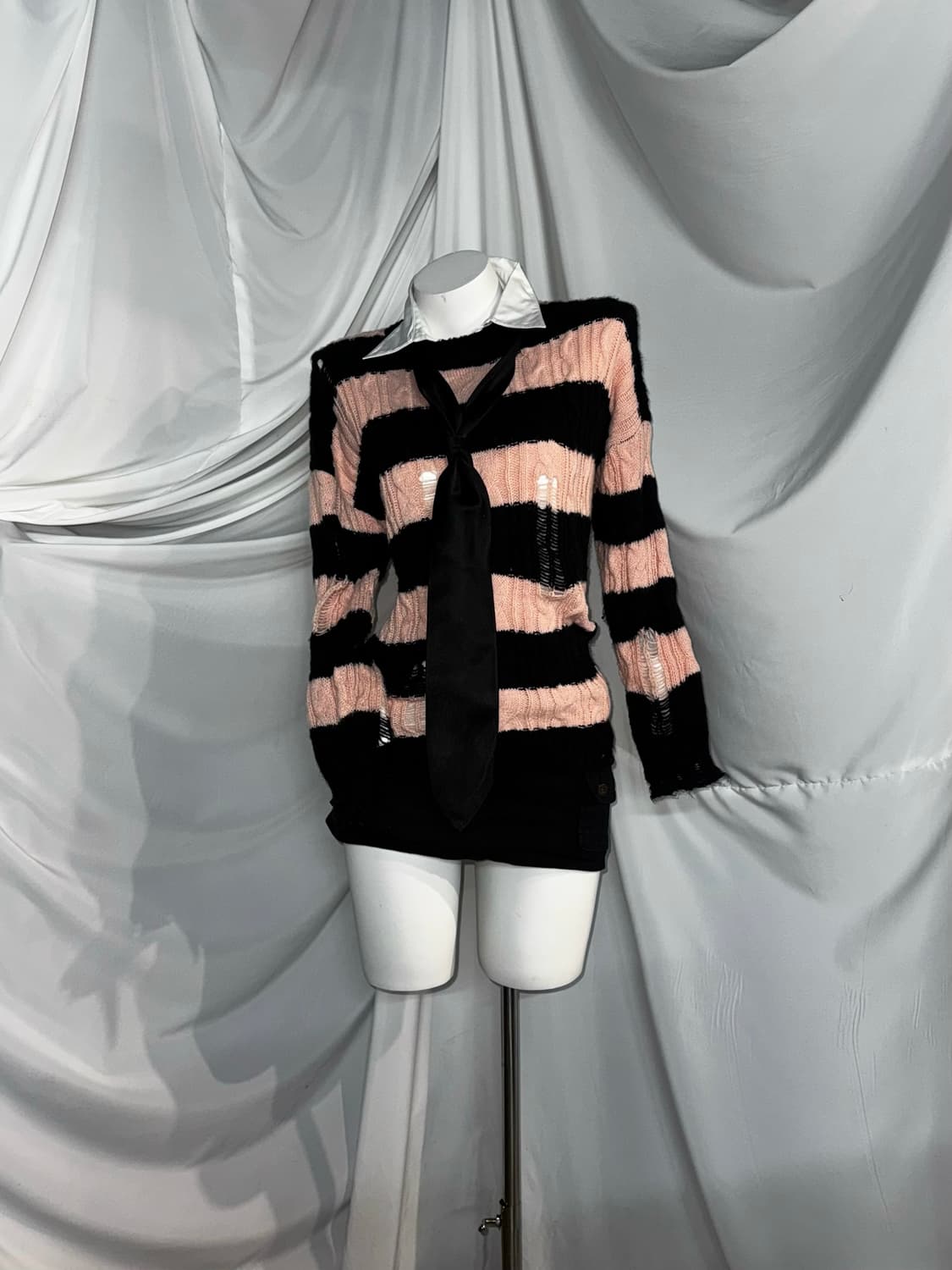 뮤트핑크 레오파드 곰돌이 갸루 데미지 스트라이프 니트 코디세트  상품이미지8