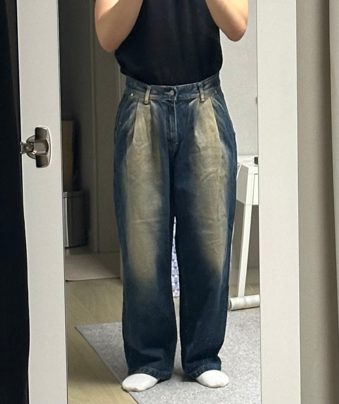 제멋 웨스턴 투턱 워싱 와이드 데님 팬츠, 32 상품이미지6