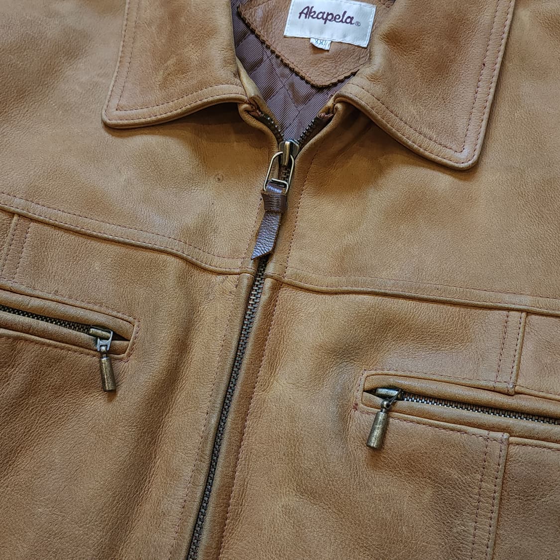 90s 아카펠라 왁스드 레더 프렌치 가죽자켓 양털 카라 빈티지  XXL 상품이미지7