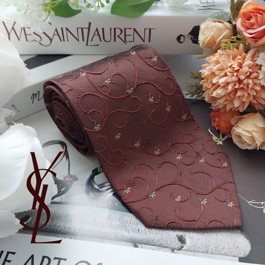 입생로랑 실크 브라운 자수 패턴 넥타이 9.7cm A+등급 K1779
 상품이미지2