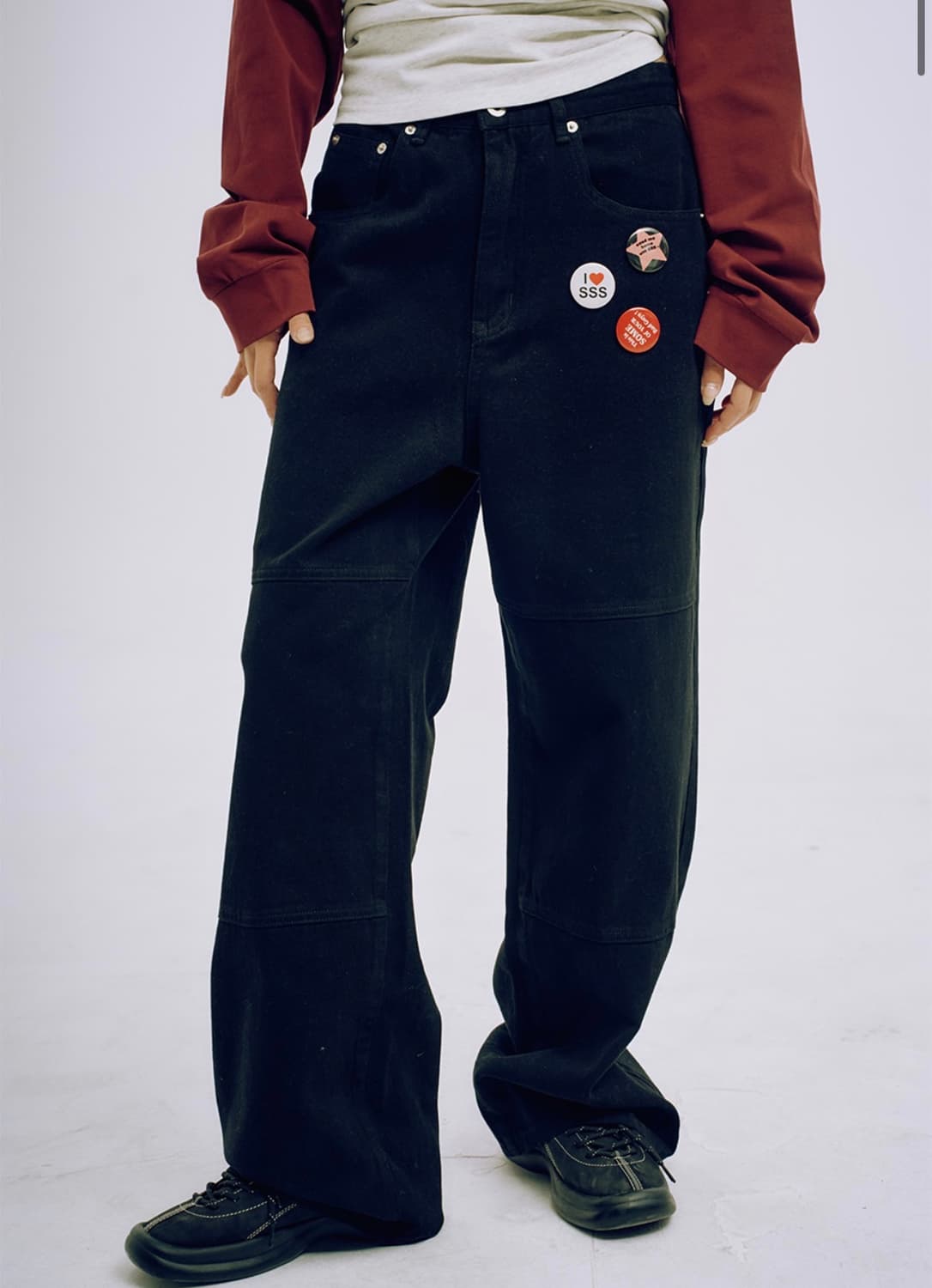 썸플레이스 더블 절개 라인 히든 스트링 벨티드 오버핏 코튼 와이드 팬츠 상품이미지1