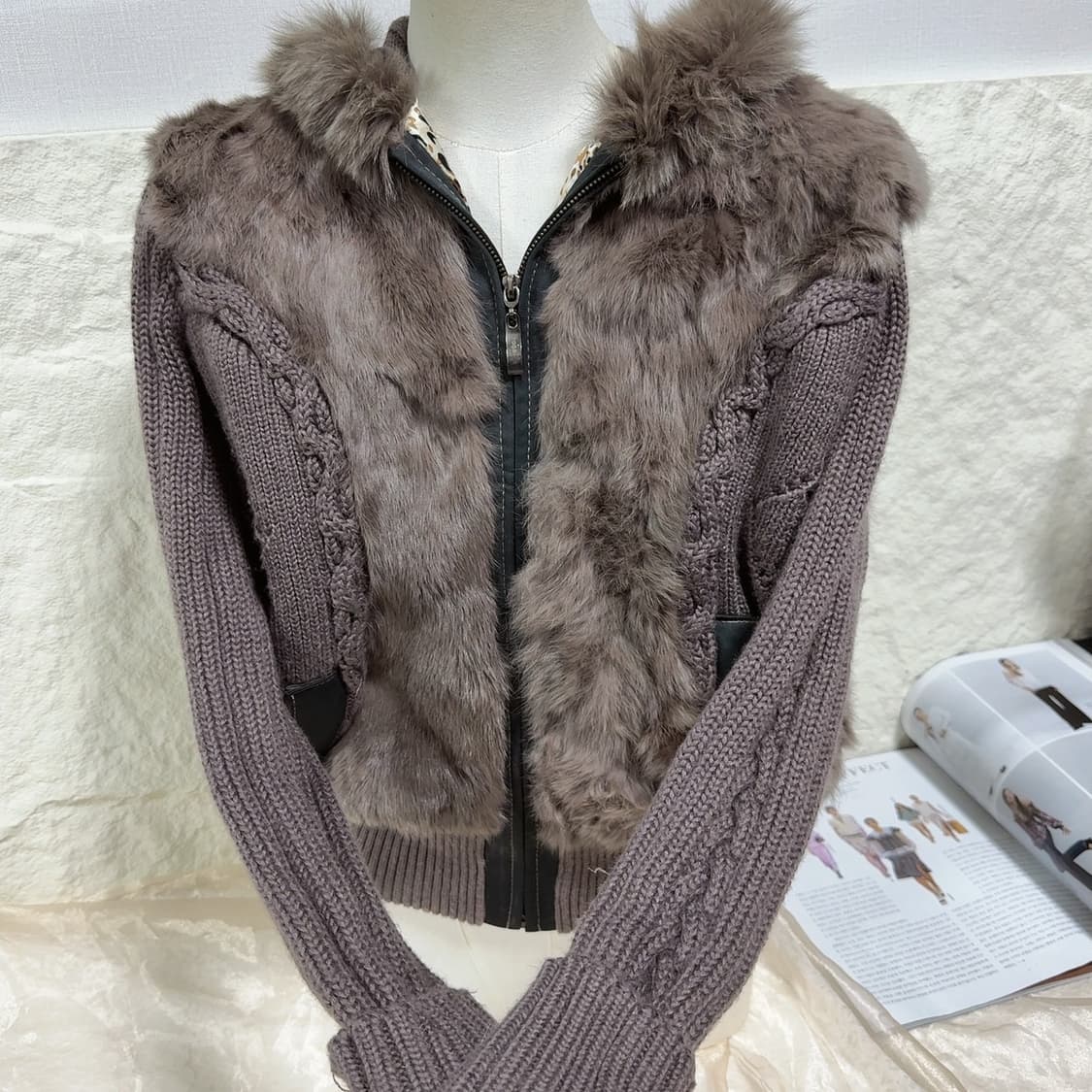 빈티지 보라 브라운 폭스 후드 꽈배기 캣츠아이 매듭  토끼털 니트자켓 상품이미지4