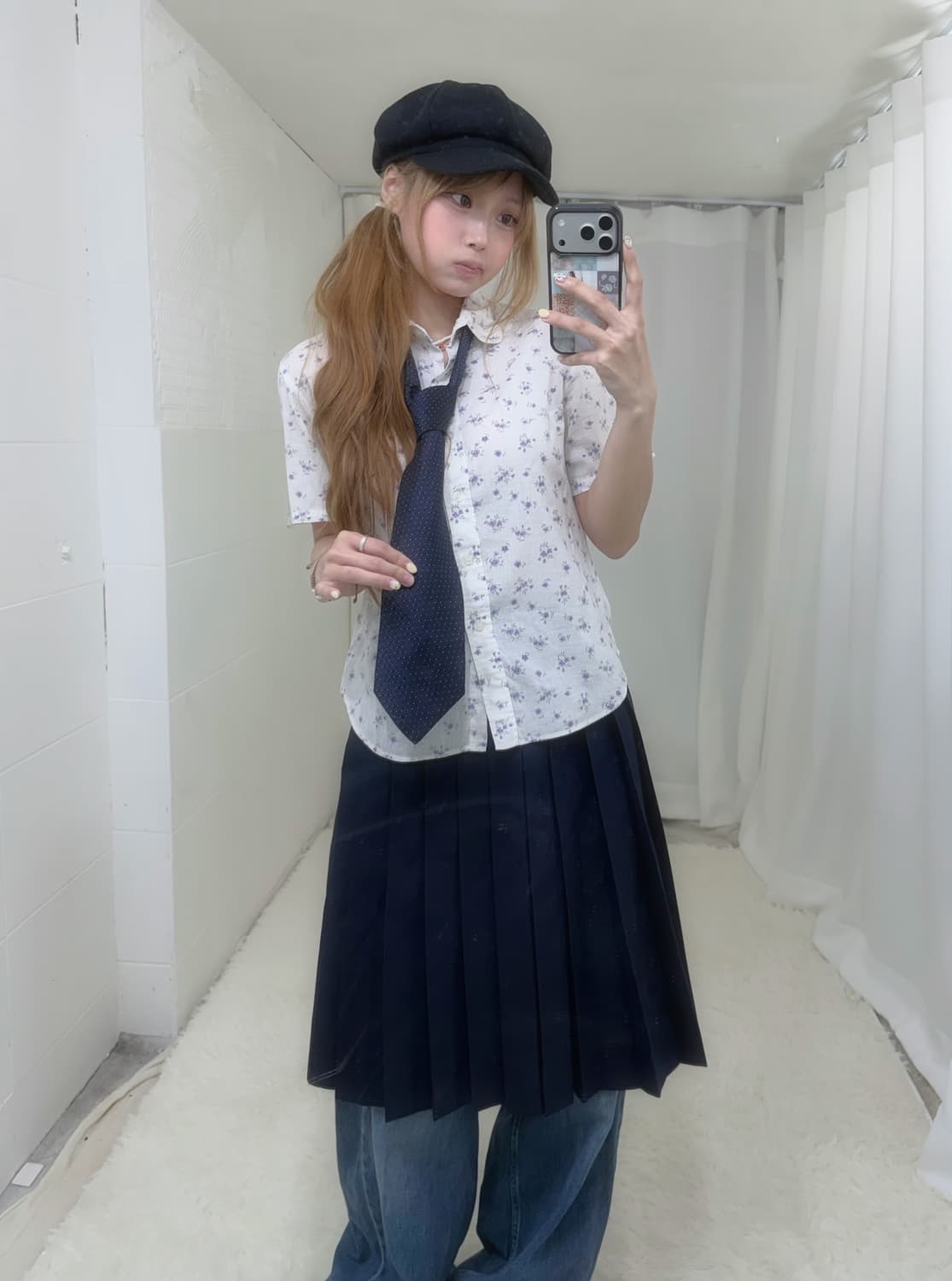 데일리 잔꽃 모리걸 셔츠 프레피 네이비 여름 코디세트 상품이미지2