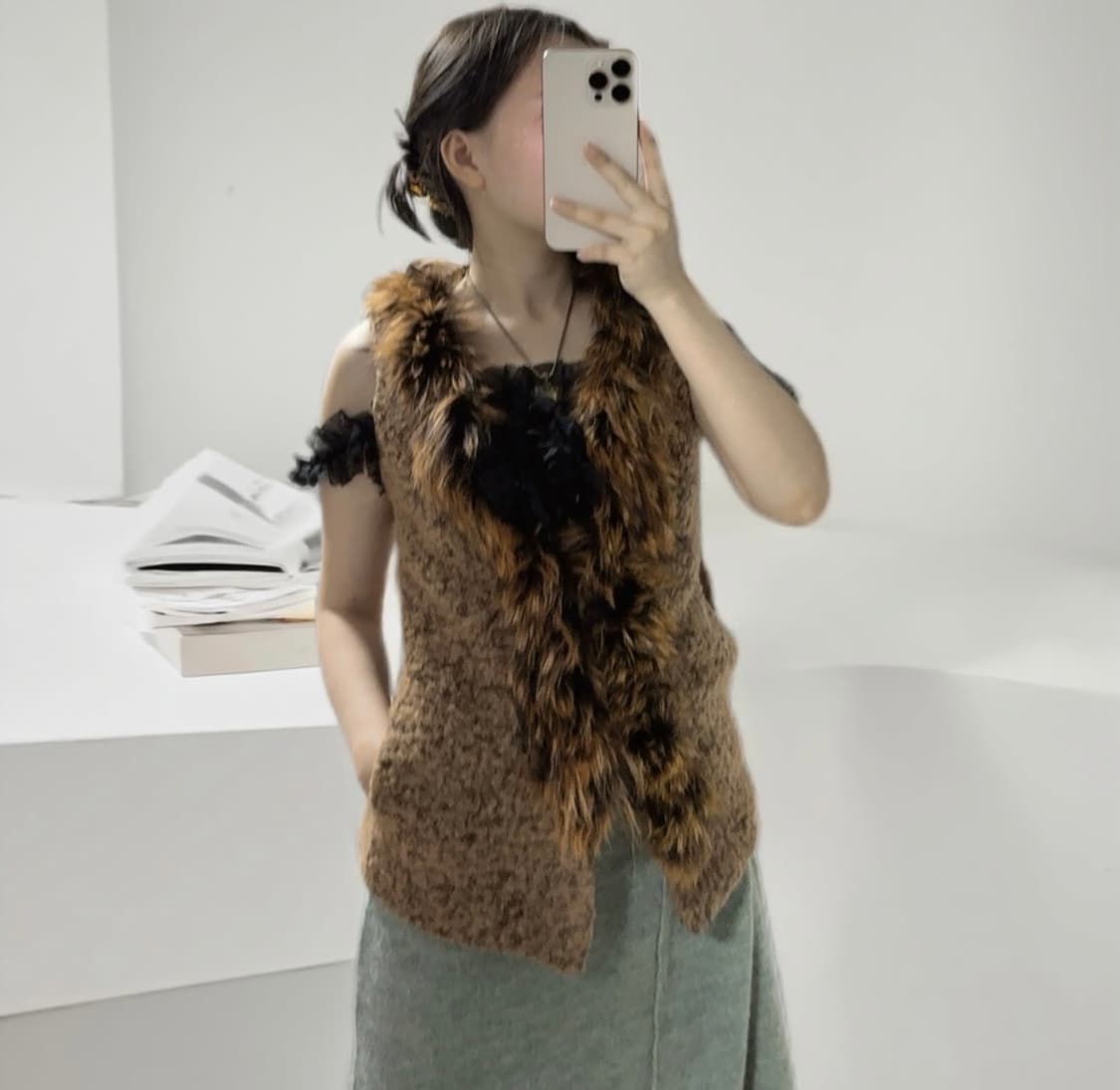 빈티지 양털 라쿤퍼칼라 조끼베스트 상품이미지4