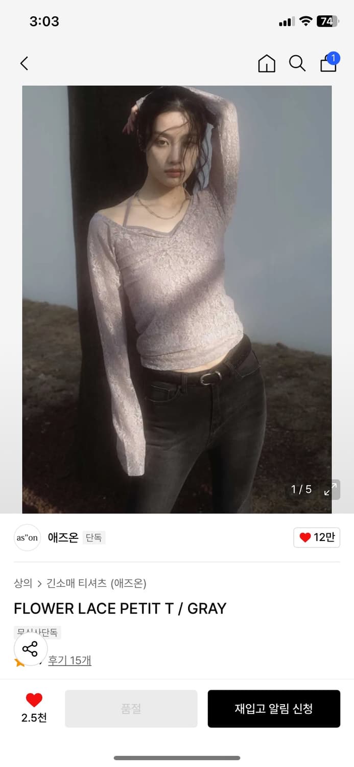 Ason-FLOWER LACE PETIT T / GRAY 상품이미지1