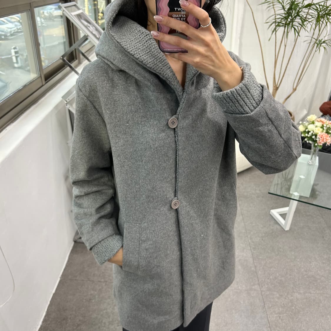 RA DO DA 니트 후드 배색 그레이 코트 상품이미지2