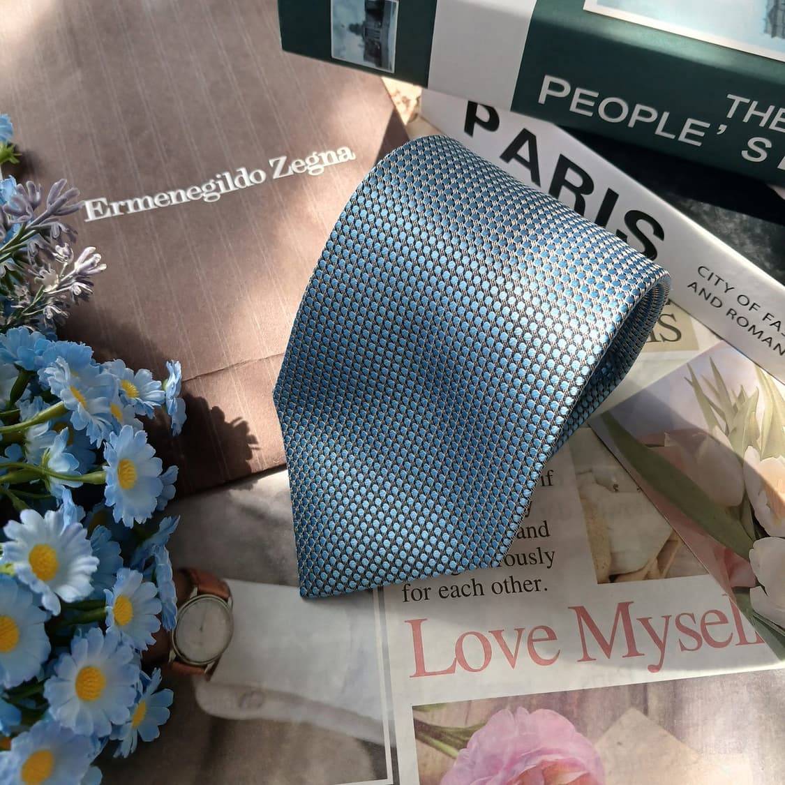 에르메네질도 제냐 블루 자카드 패턴 넥타이 9cm S~A+등급 E895 상품이미지4