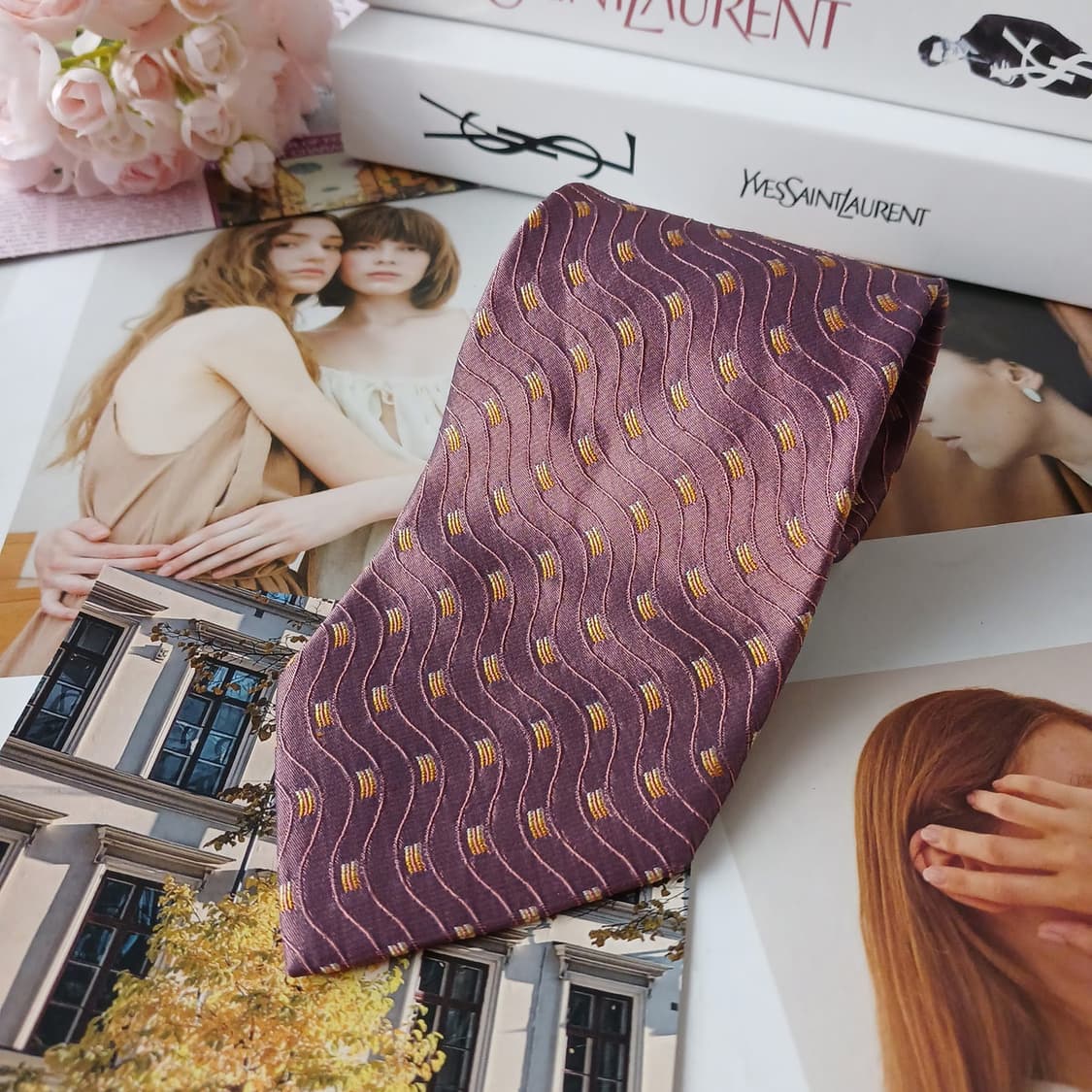 입생로랑 실크 버건디 웨이브 패턴 넥타이 9.7cm A+등급 A19392 상품이미지4