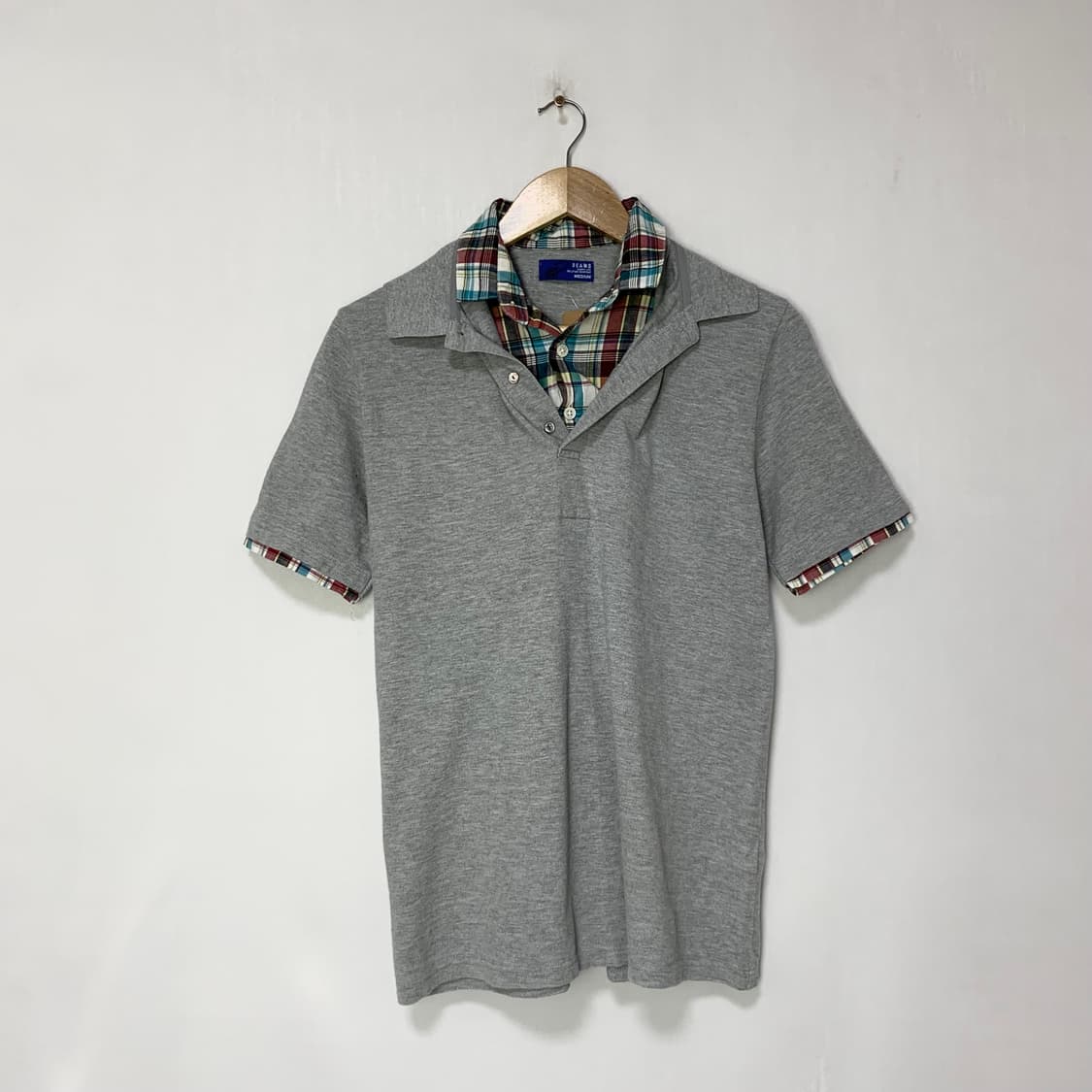빔즈 체크 셔츠 레이어드 반팔 폴로티 카라 티셔츠 M 일본 빈티지 상품이미지1