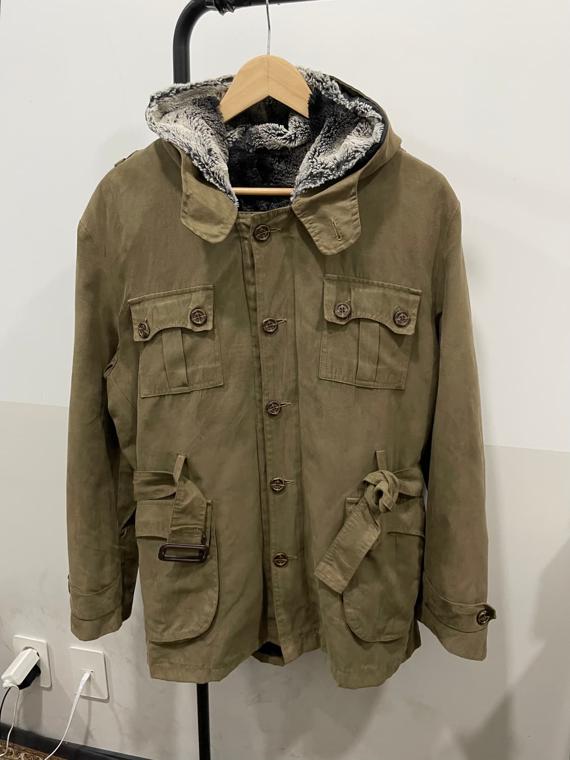 (빈티지)슬림핏 퍼 후드 멀티포켓 밀리터리 스웨이드 야상 자켓 상품이미지3