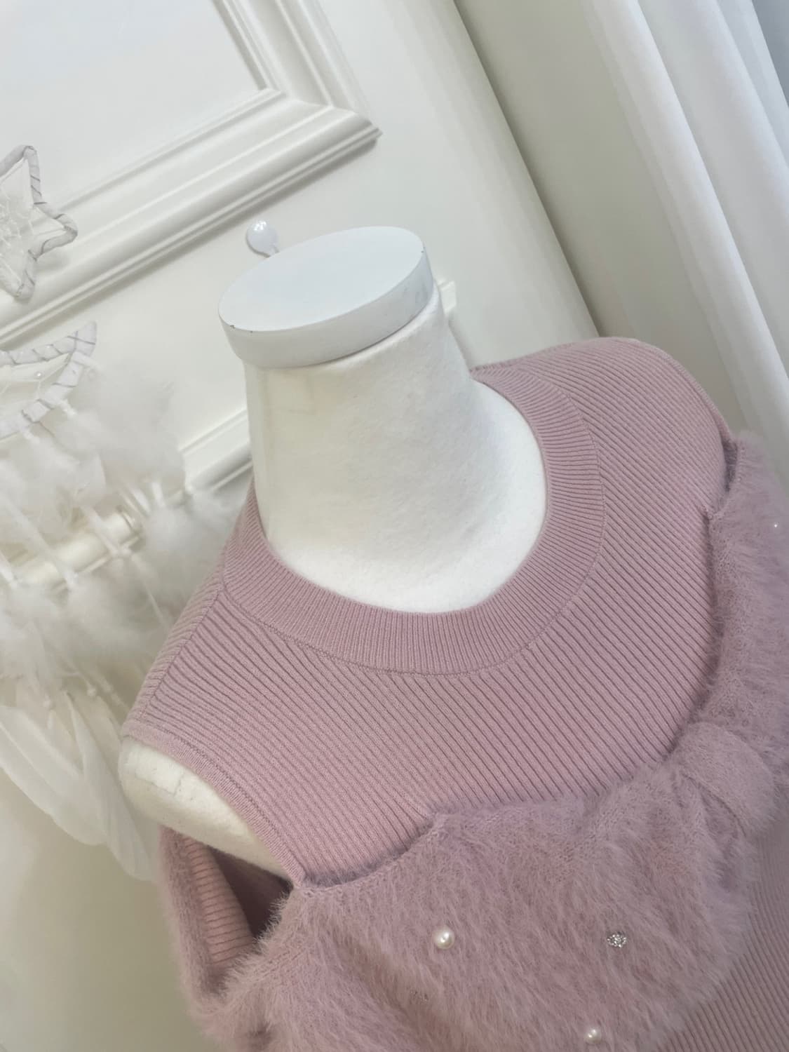 powder pink bow fur shoulder lovely knit 상품이미지7