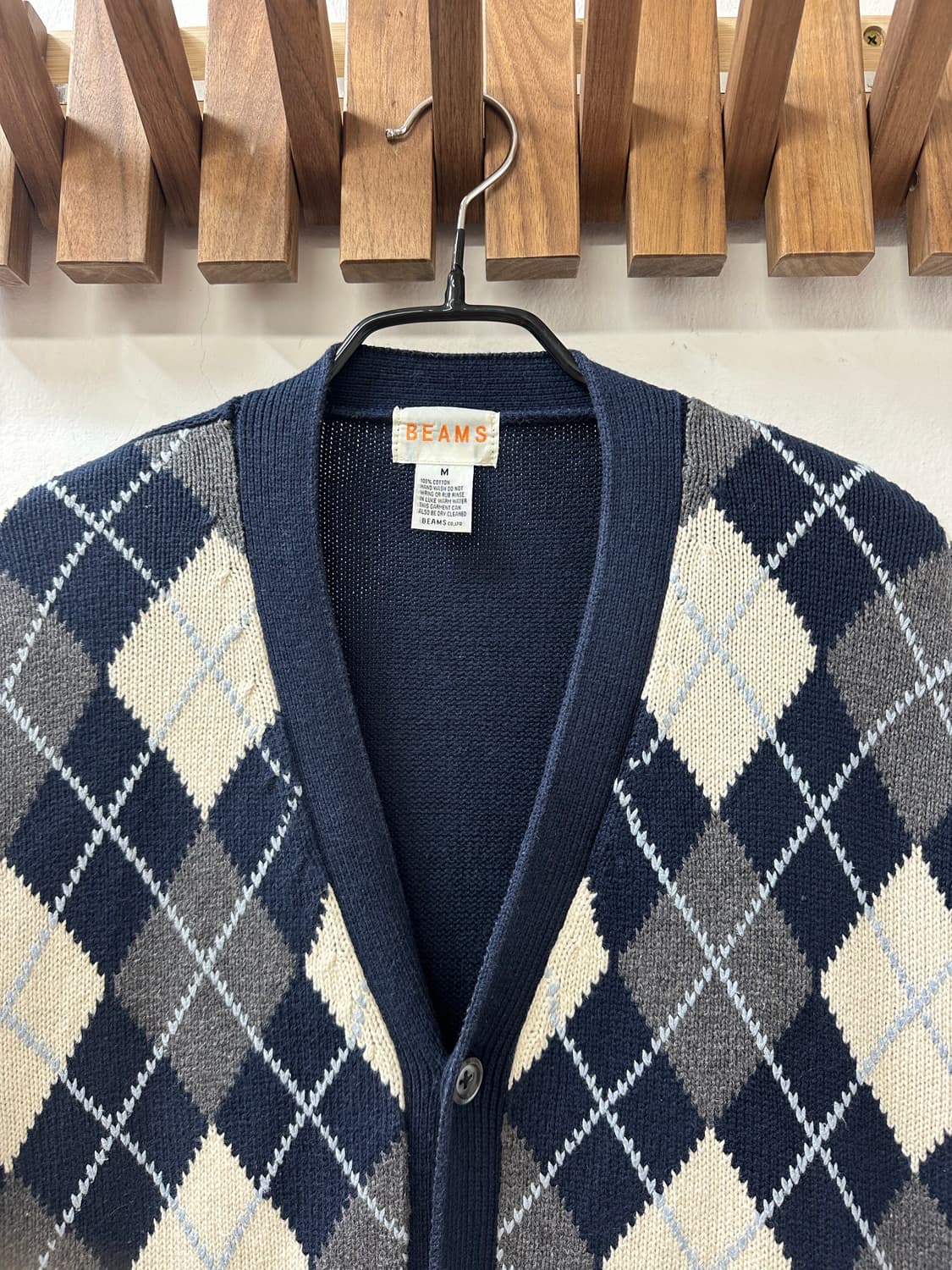 BEAMS 빔즈 아가일 패턴 코튼 100% 니트 가디건  상품이미지3
