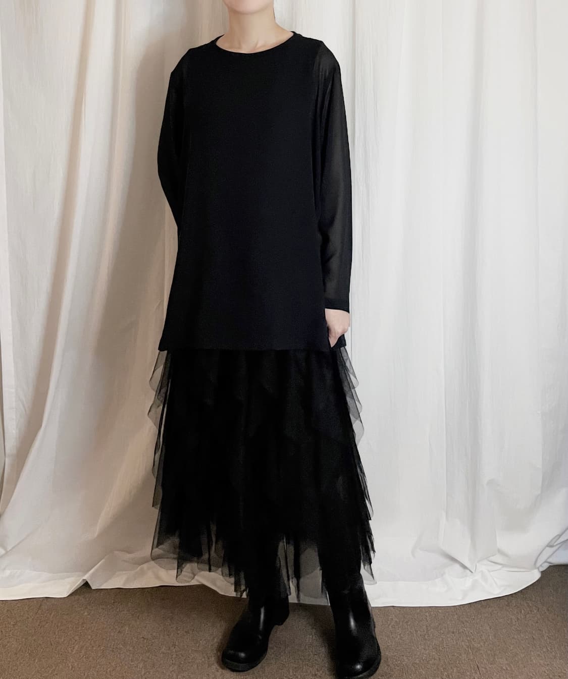 Layered Ruffle Tulle Long Skirt - Black 상품이미지2