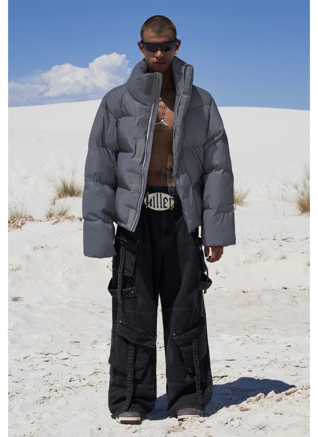 EMBROIDERED OVERSIZE PUFFER JACKET GRAY 상품이미지1