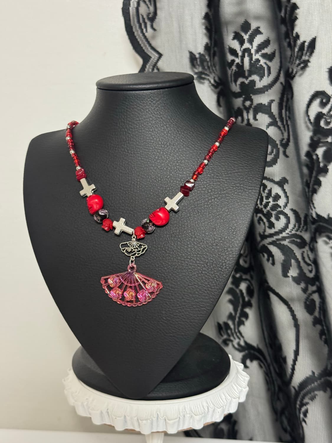 동양풍 오리엔탈 레드 부채 크로스 목걸이 상품이미지3