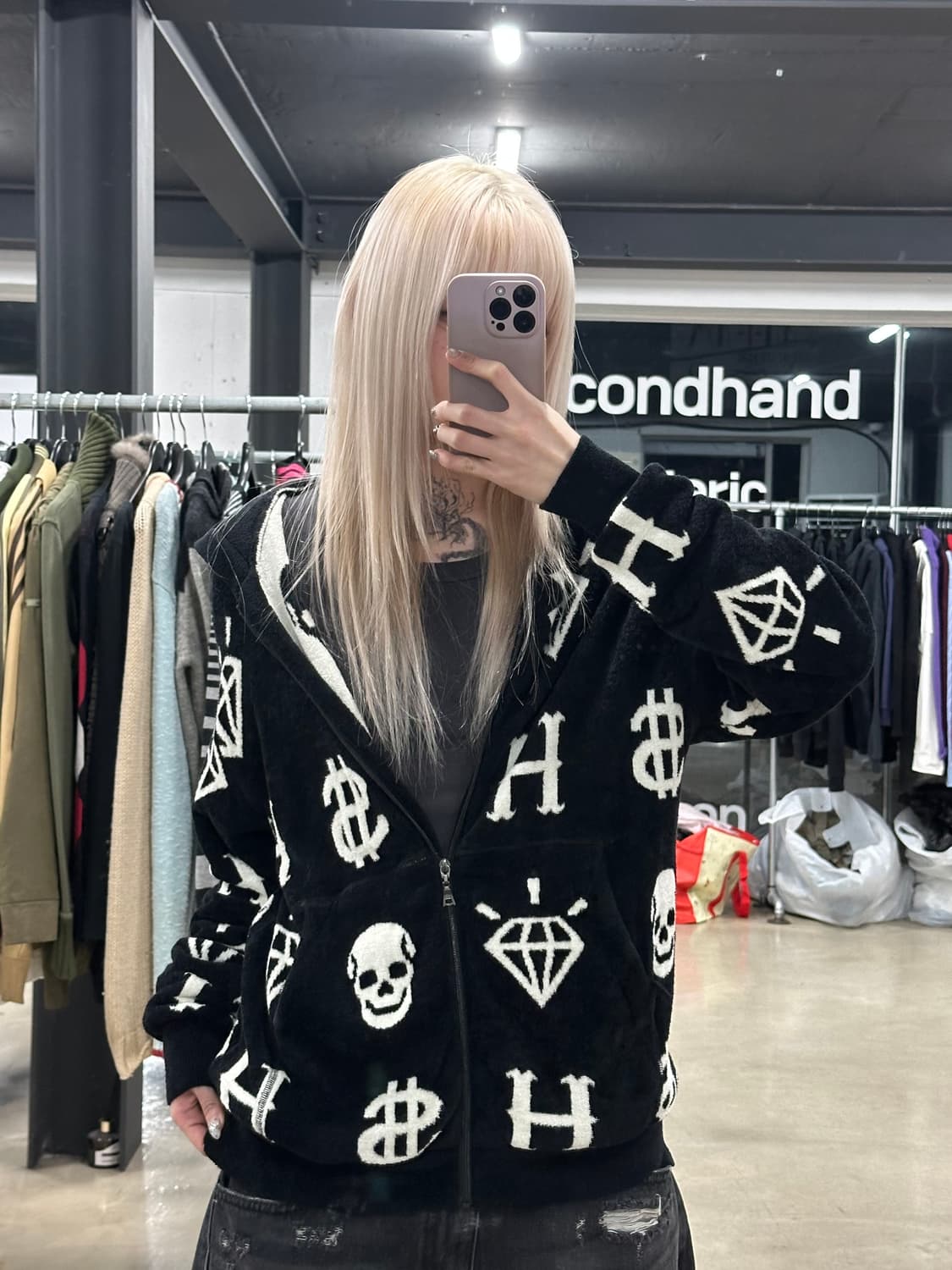 히스테릭 글래머 해골 보석 돈 테리 소재 플리스 후드 집업 상품이미지1