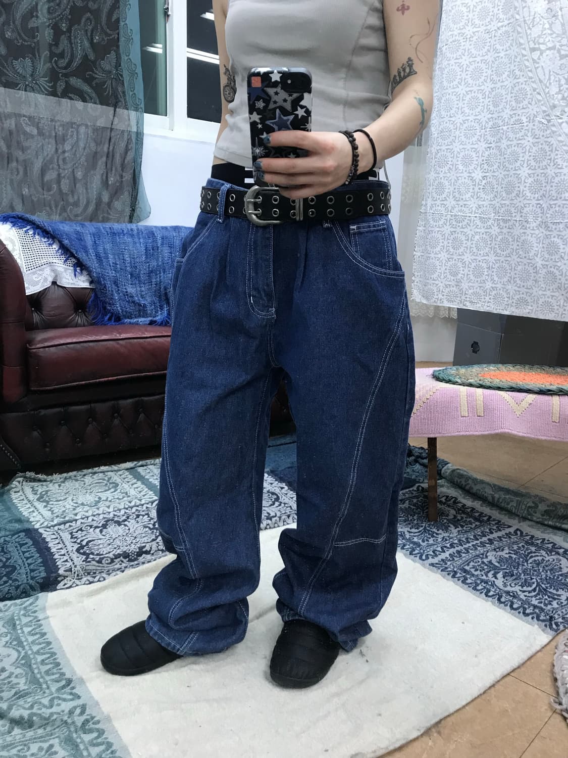 빈티지 디테일 핀턱 진청데님팬츠 상품이미지1