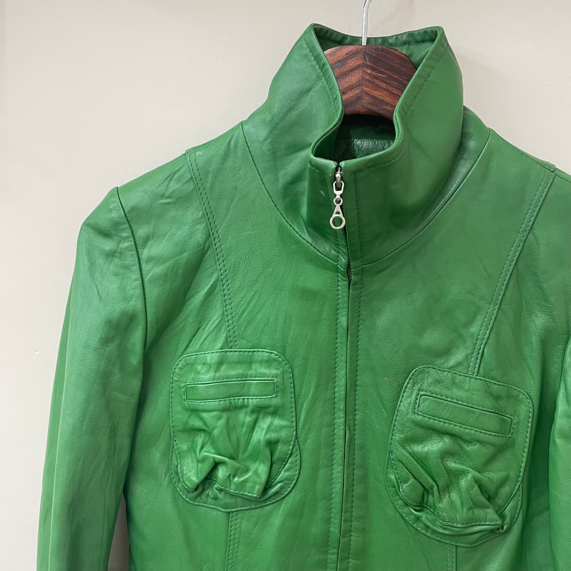 Y2K 하이넥 그린 리얼 레더 셔링 레더 자켓 상품이미지4