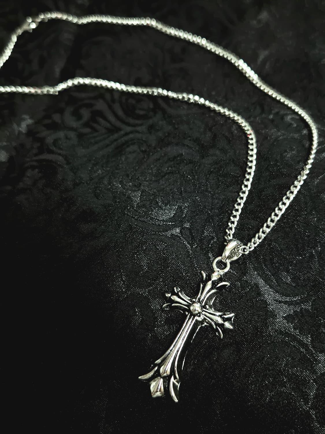 빈티지 고스펑크 크롬깔 실버 십자가 목걸이 상품이미지1