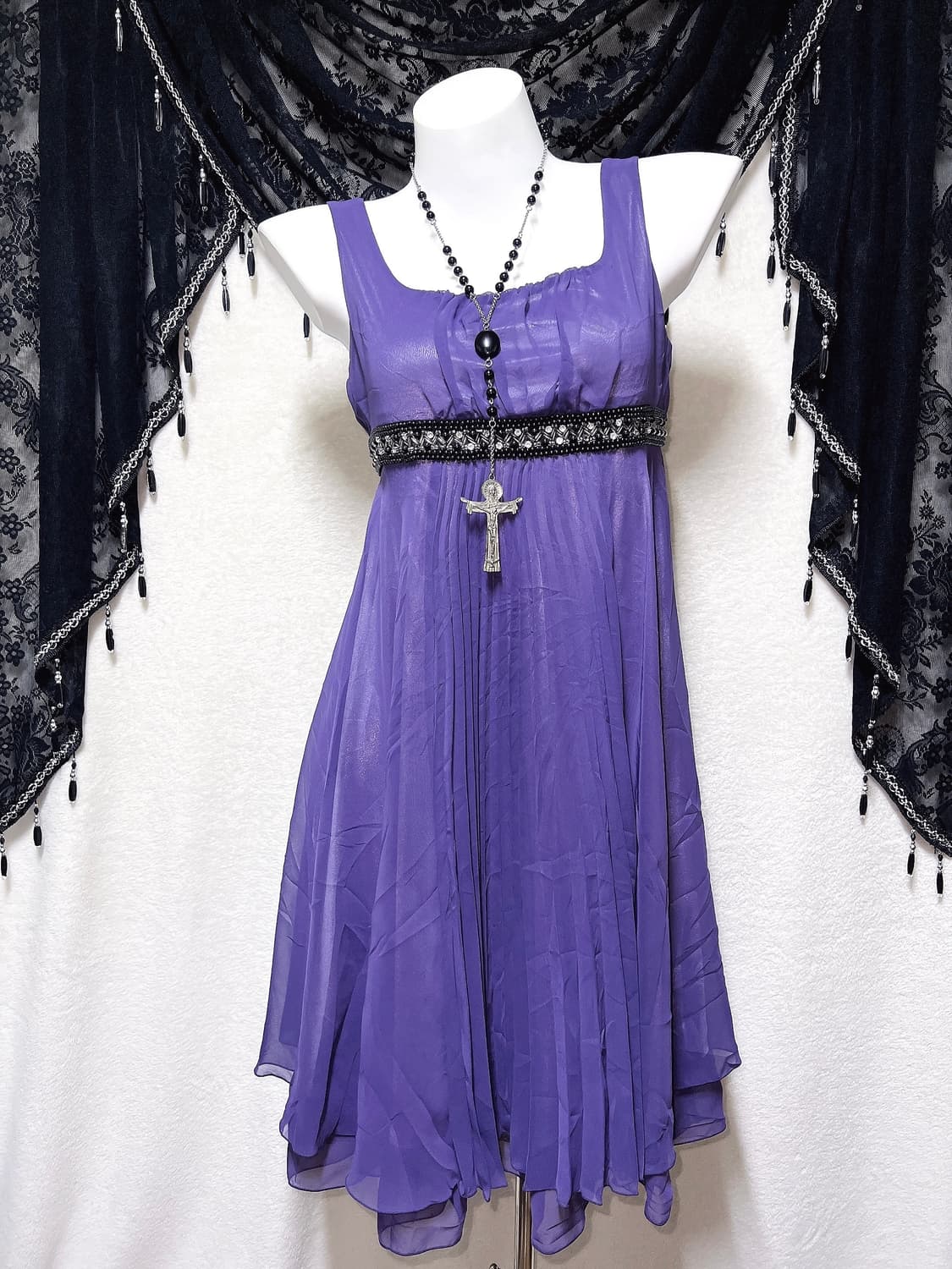 로맨틱고딕 고스로리 엔틱 슈슈룬 바닐라깔 퍼플 큐빅비즈 쉬폰원피스 드레스 상품이미지3