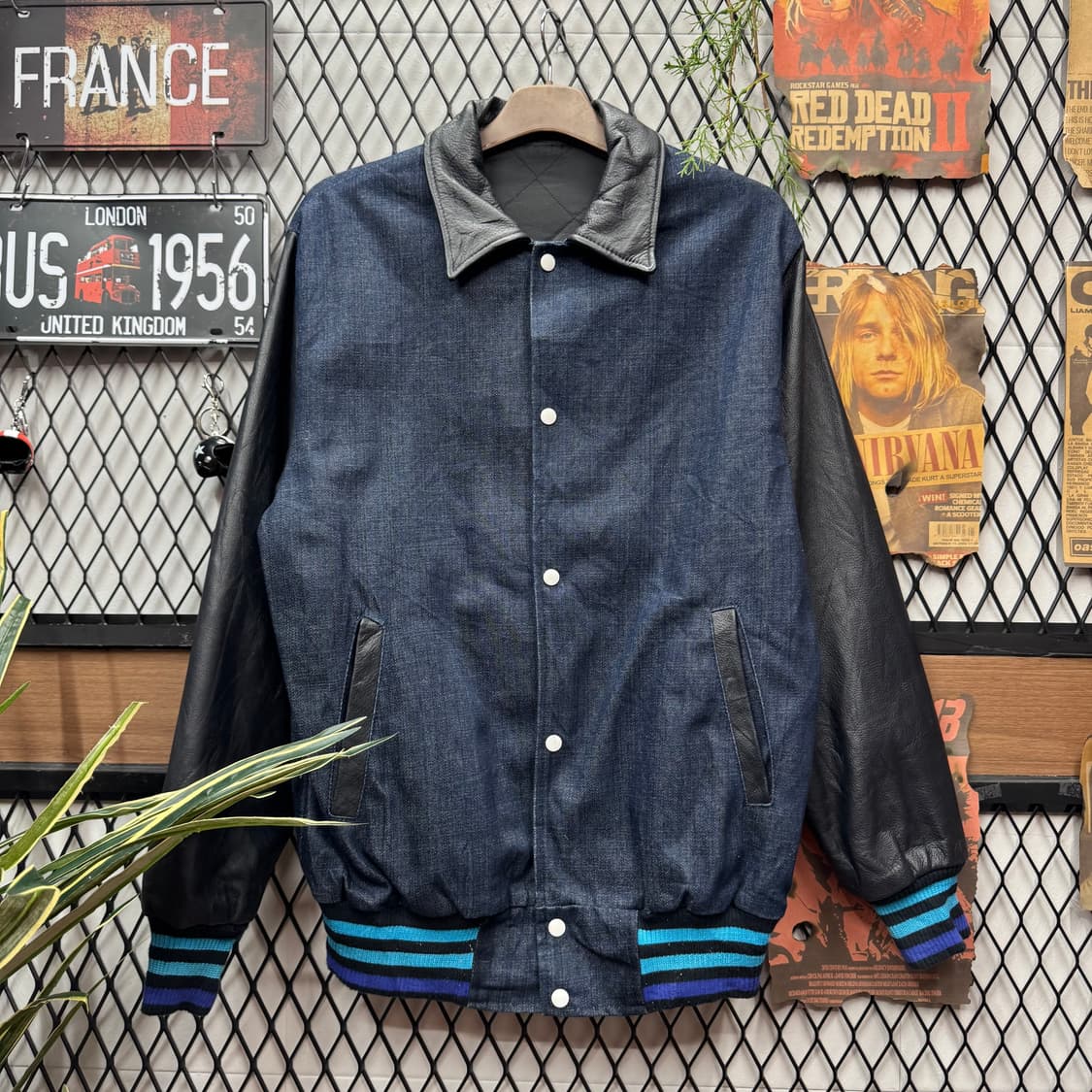 빈티지 데님 레더 바시티 자켓 후면 레더 레터링 포인트 블랙 상품이미지1