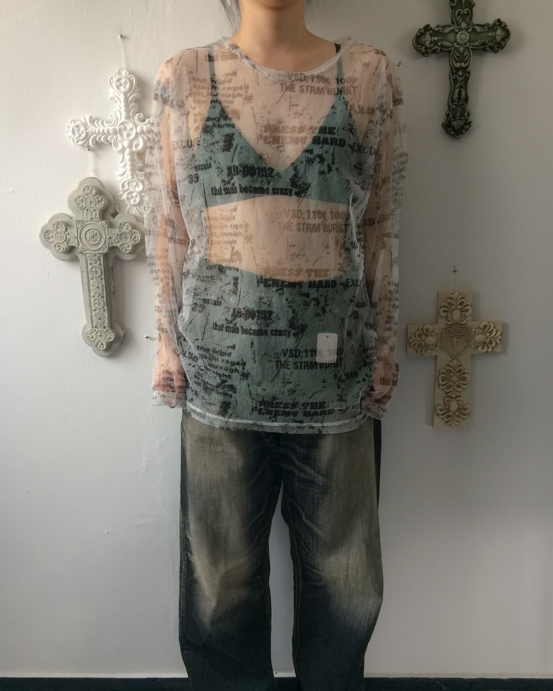 Lettering printing see through mesh slee 상품이미지5